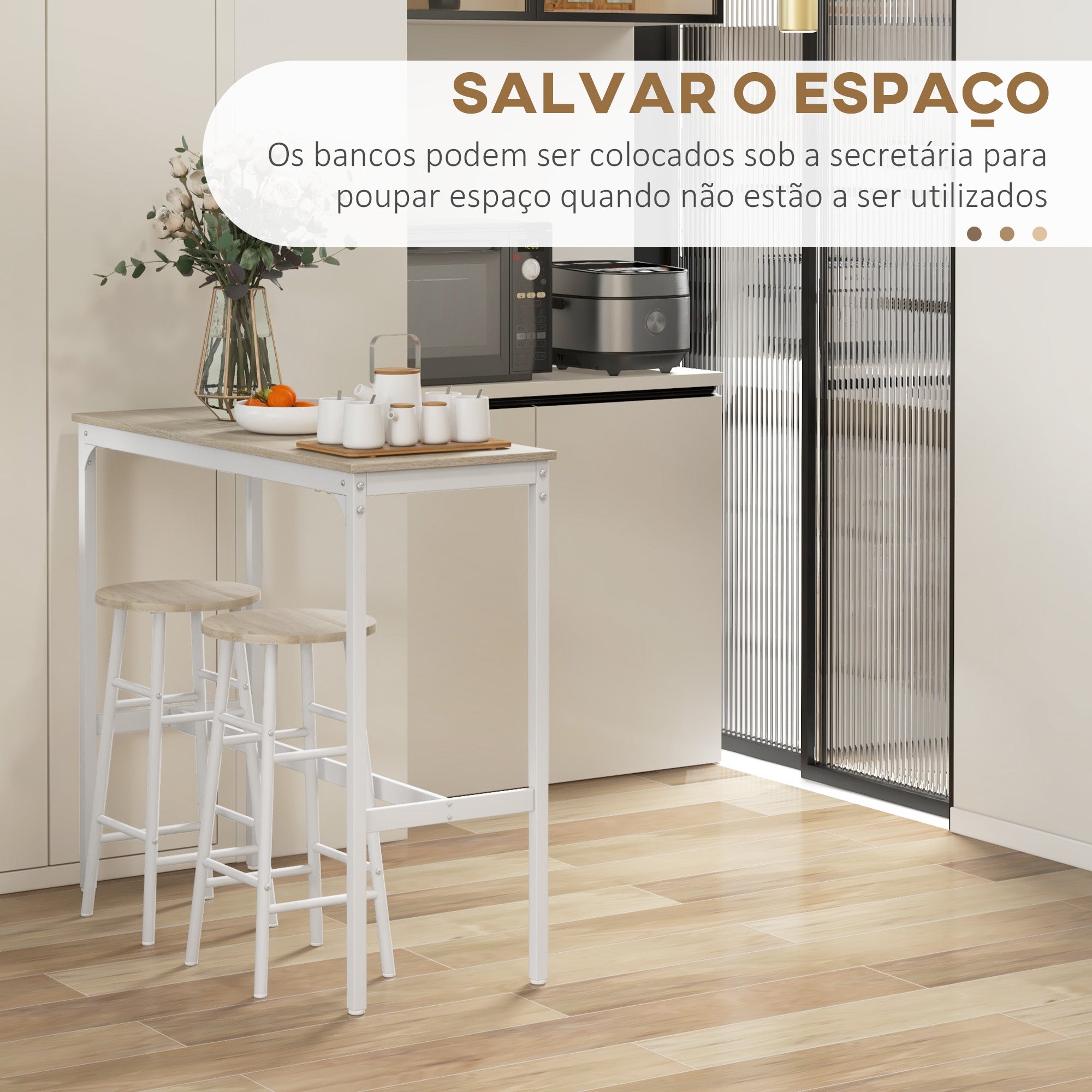 Conjunto de Mesa Alta de Bar com 2 Bancos 105x40x90 cm Branco e Madeira