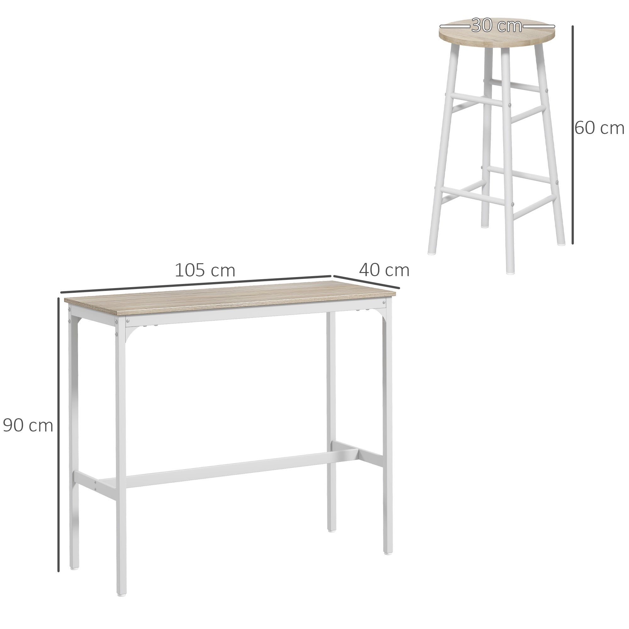 Conjunto de Mesa Alta de Bar com 2 Bancos 105x40x90 cm Branco e Madeira