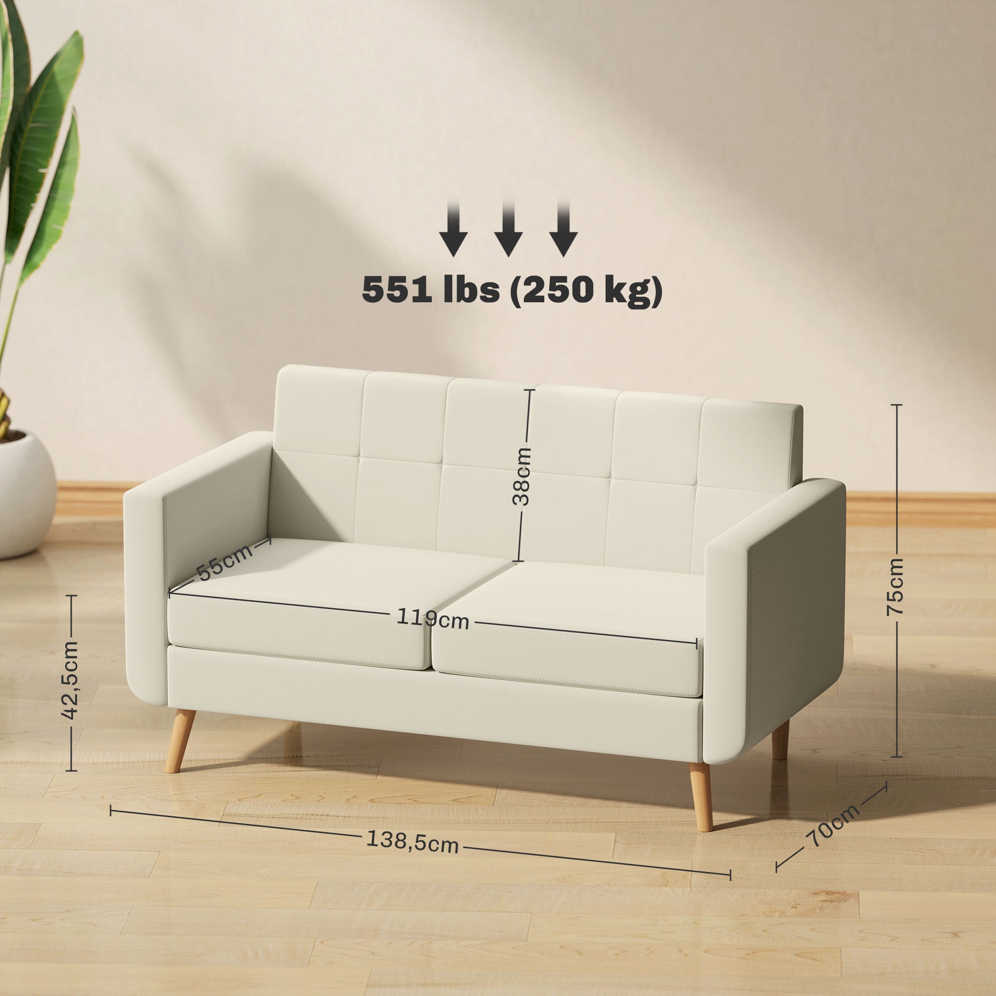 Sofá de 2 Lugares Creme Branco 138,5x70x75 cm
