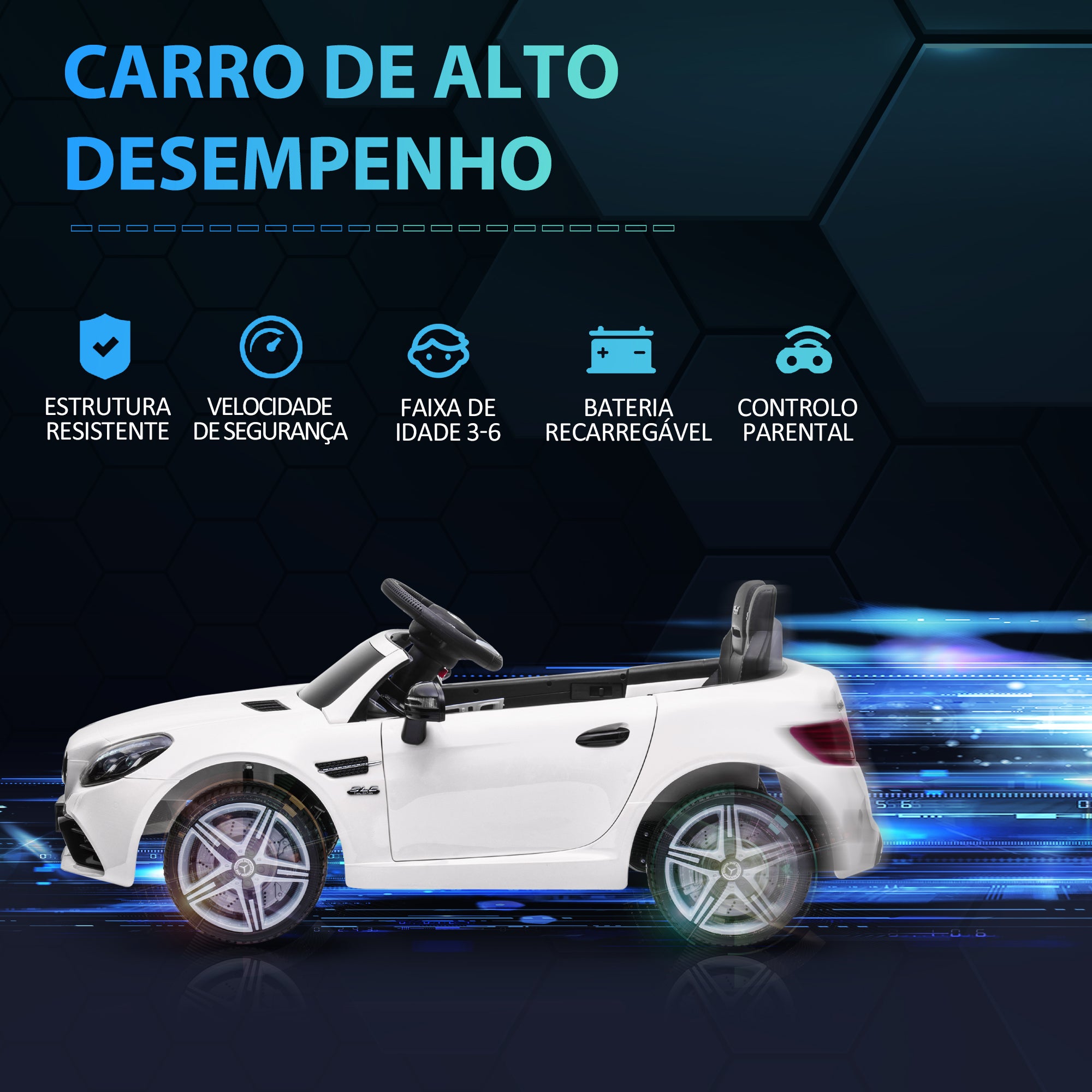 Carro Elétrico Infantil Branco 107x62,5x44 cm Mercedes SLC 300 12V para Crianças de 3-6 Anos