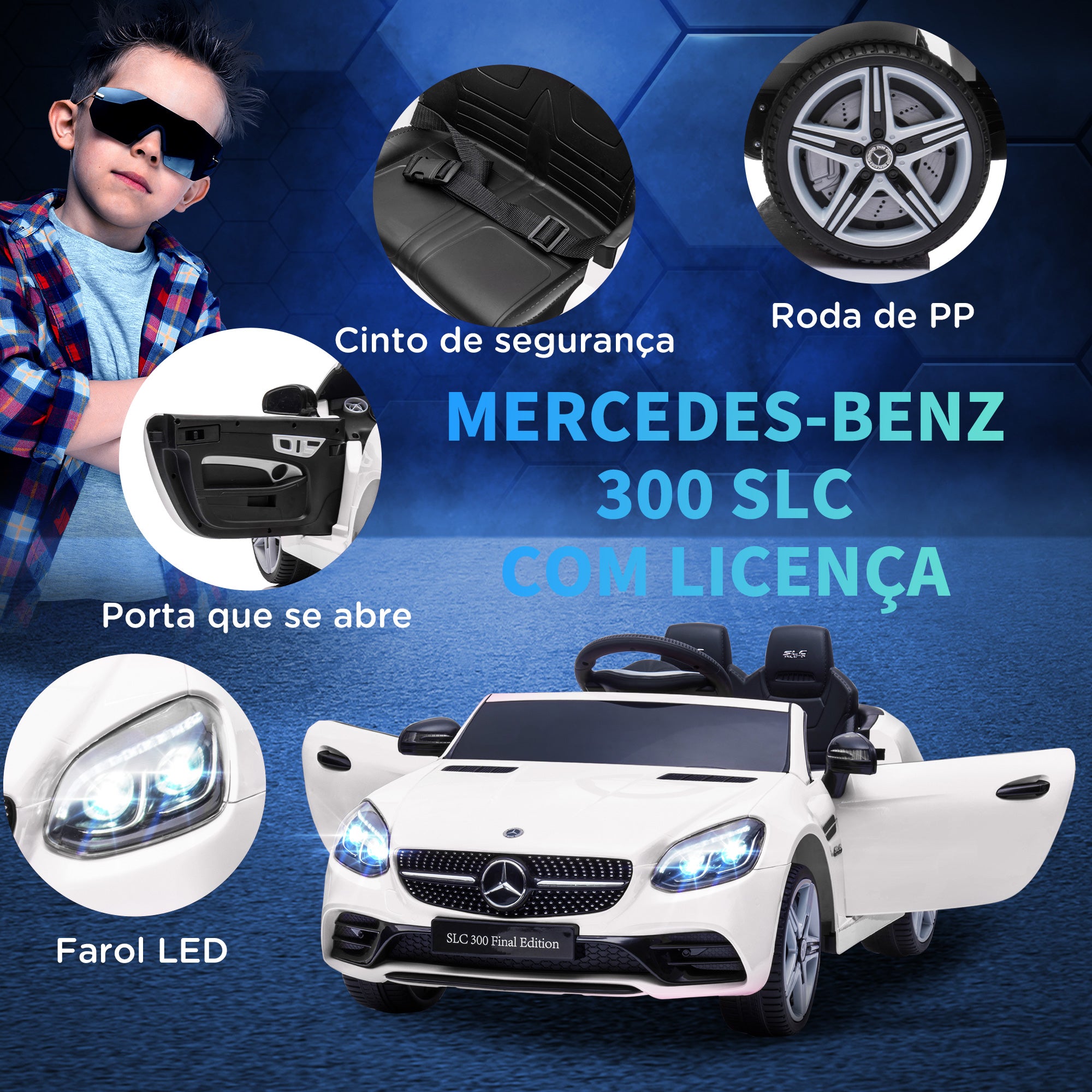 Carro Elétrico Infantil Branco 107x62,5x44 cm Mercedes SLC 300 12V para Crianças de 3-6 Anos