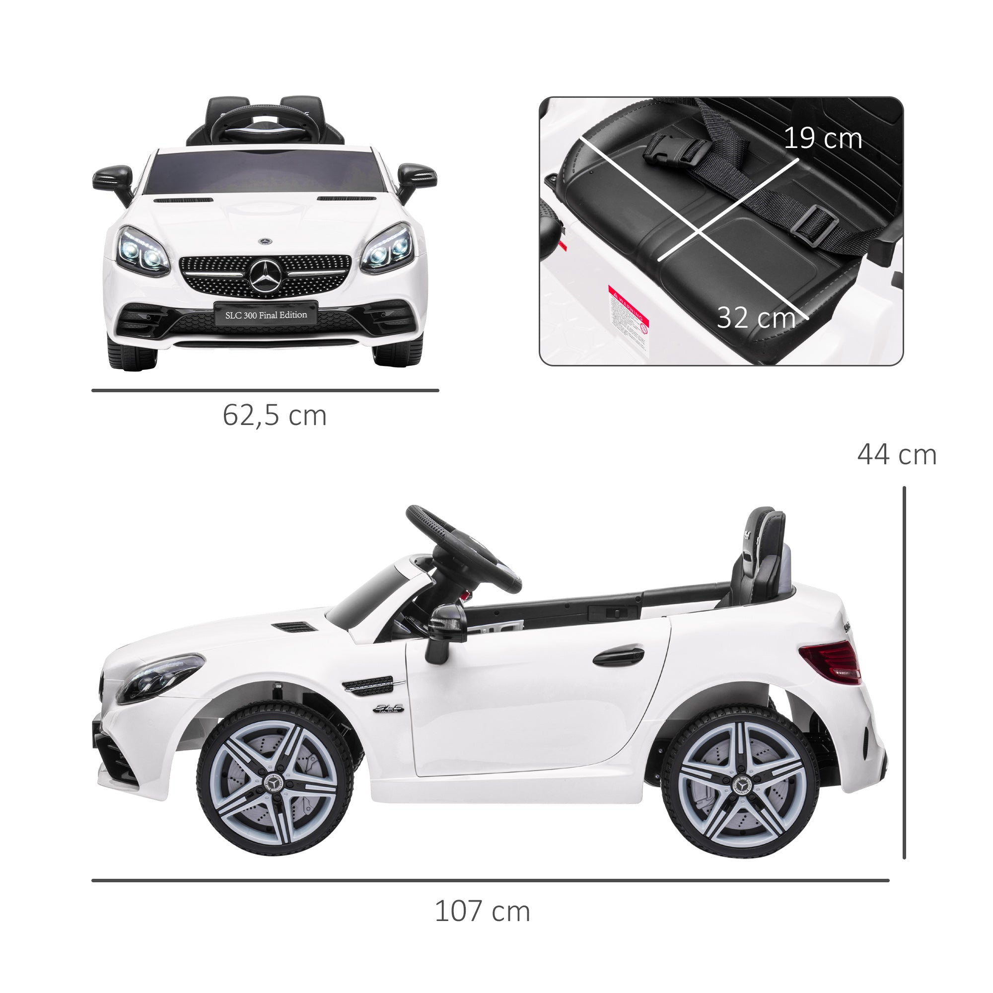 Carro Elétrico Infantil Branco 107x62,5x44 cm Mercedes SLC 300 12V para Crianças de 3-6 Anos