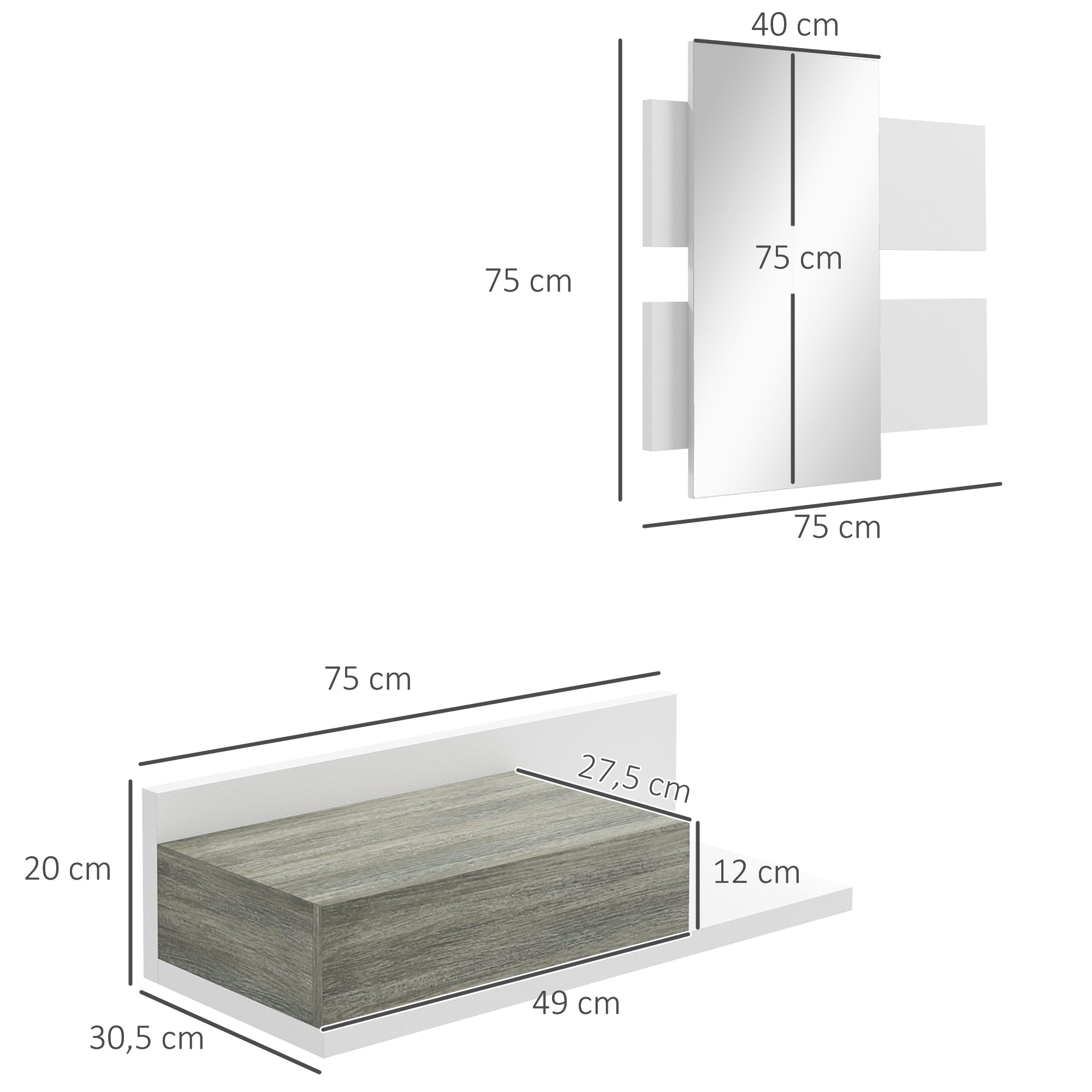 Conjunto de Móveis de Entrada com Espelho e Gaveta Suspensa - 75x3,5x75 cm - Branco e Cinza