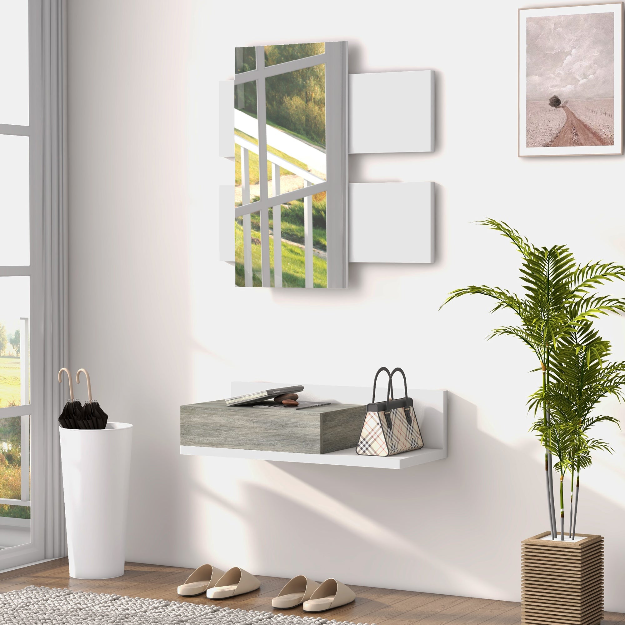Conjunto de Móveis de Entrada com Espelho e Gaveta Suspensa - 75x3,5x75 cm - Branco e Cinza