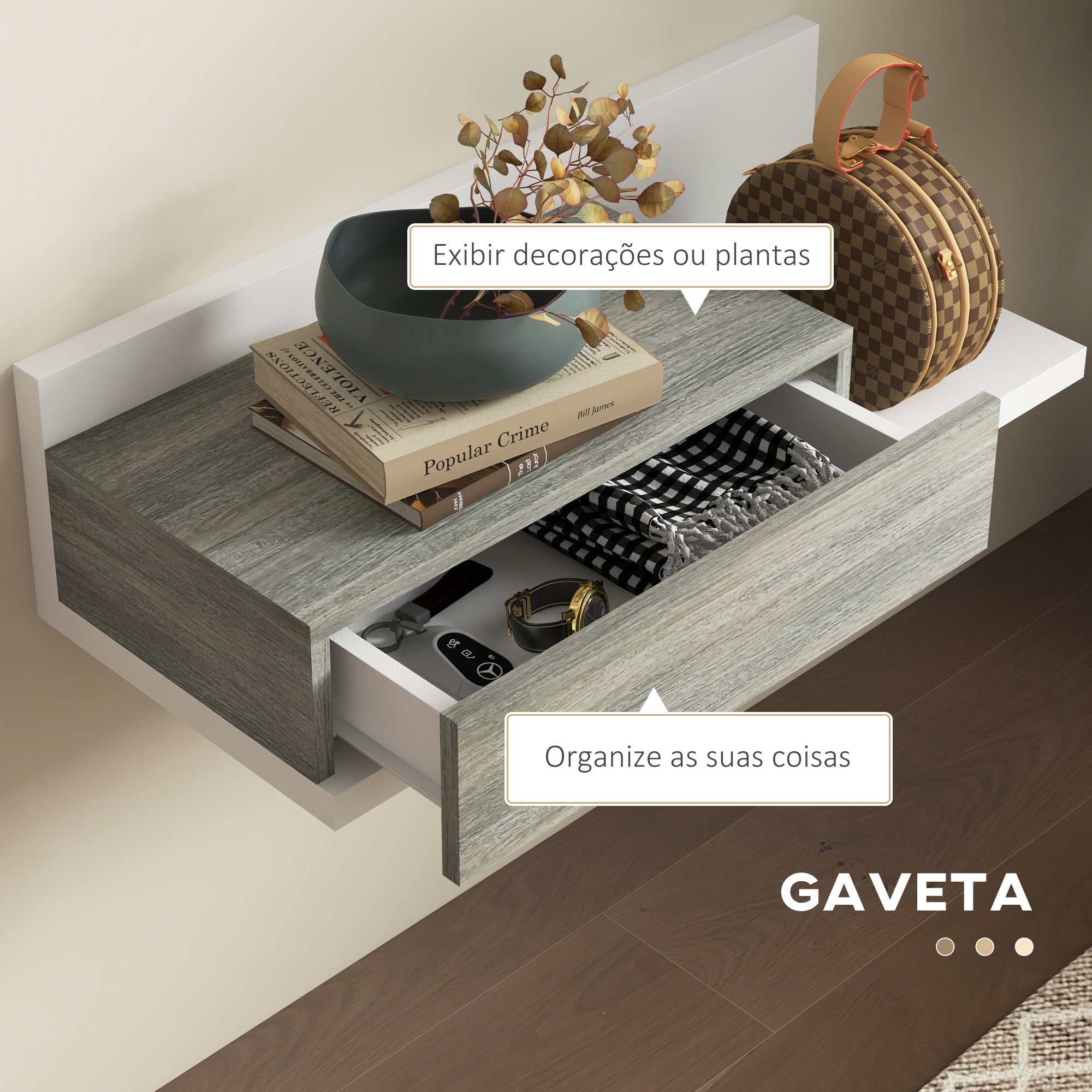 Conjunto de Móveis de Entrada com Espelho e Gaveta Suspensa - 75x3,5x75 cm - Branco e Cinza
