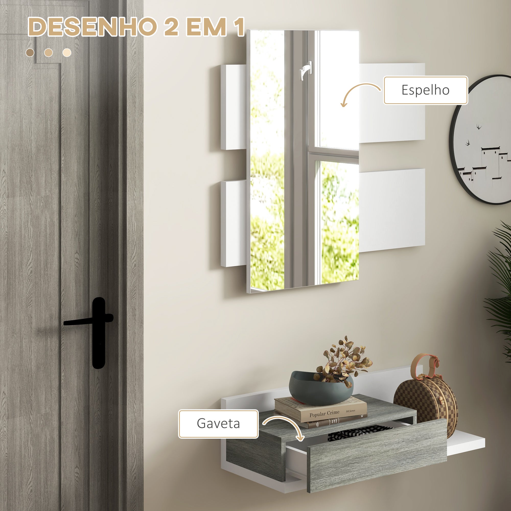 Conjunto de Móveis de Entrada com Espelho e Gaveta Suspensa - 75x3,5x75 cm - Branco e Cinza