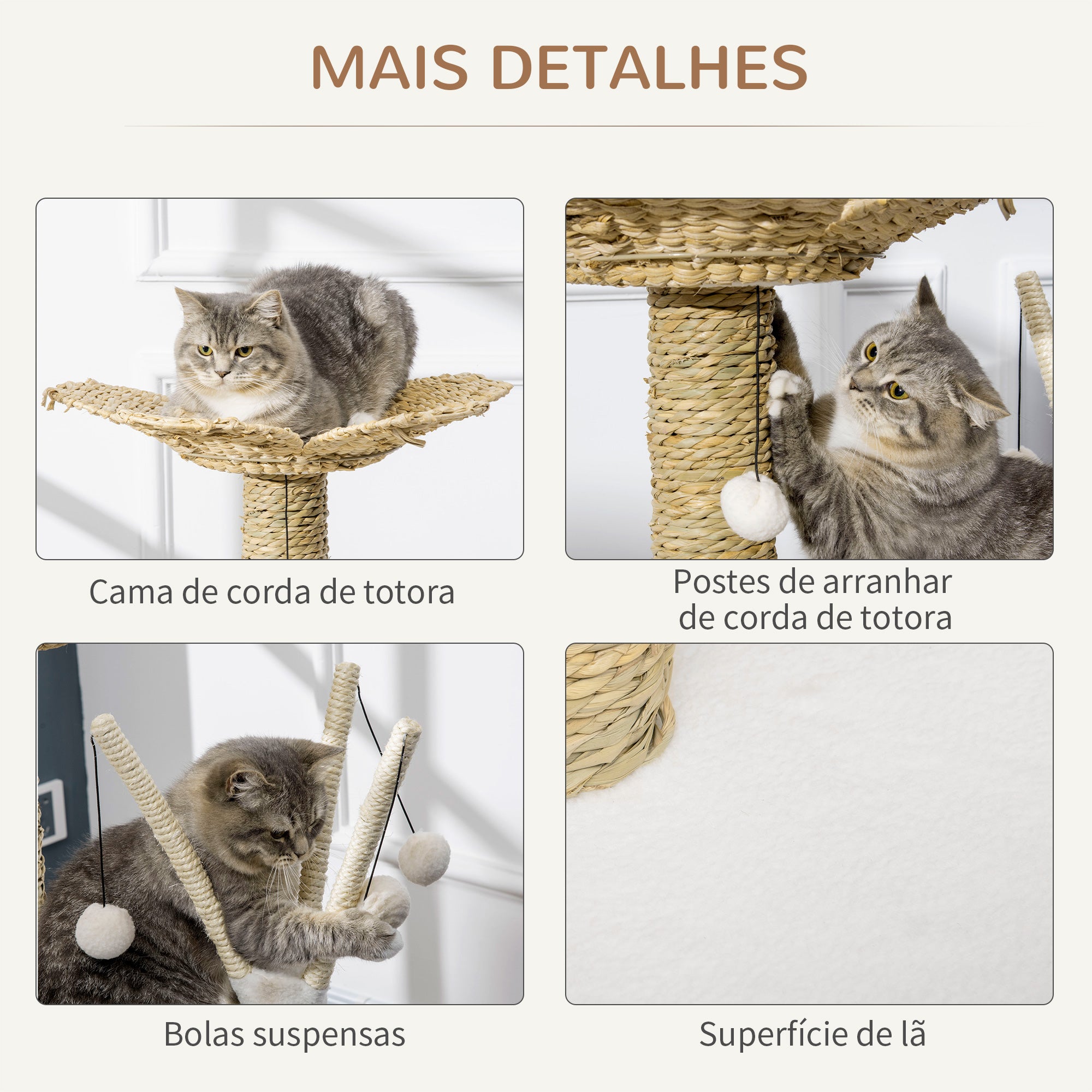 Árvore Arranhador para Gatos Médios 56x40x91cm Branco e Bege