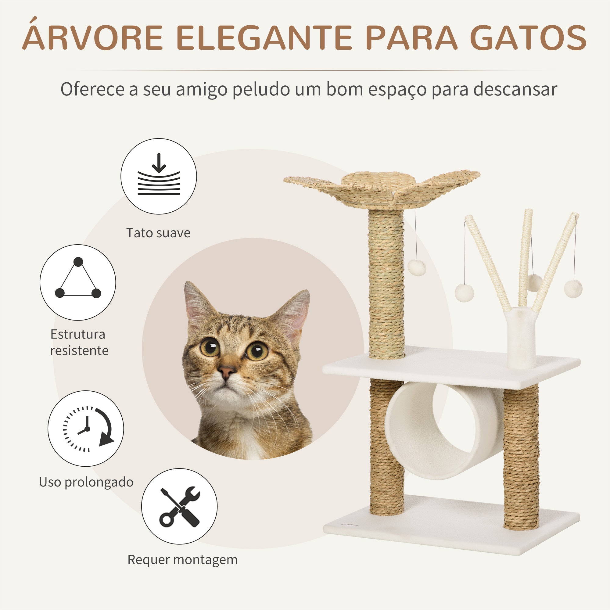 Árvore Arranhador para Gatos Médios 56x40x91cm Branco e Bege