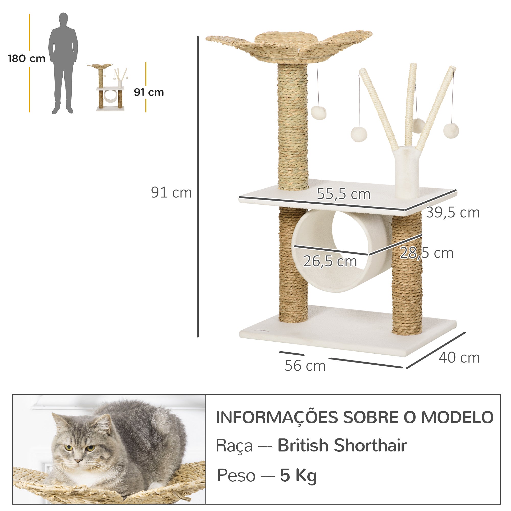 Árvore Arranhador para Gatos Médios 56x40x91cm Branco e Bege