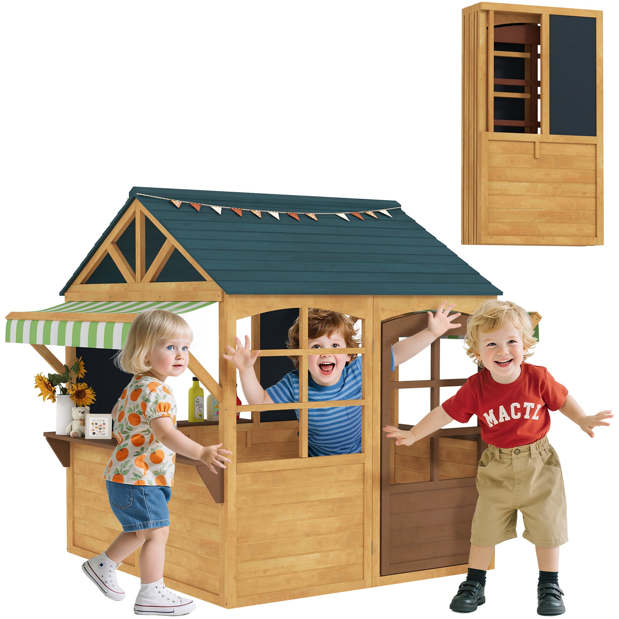 Casinha Infantil de Madeira Dobrável 173x117x144 cm - Cor Madeira, Verde e Branco