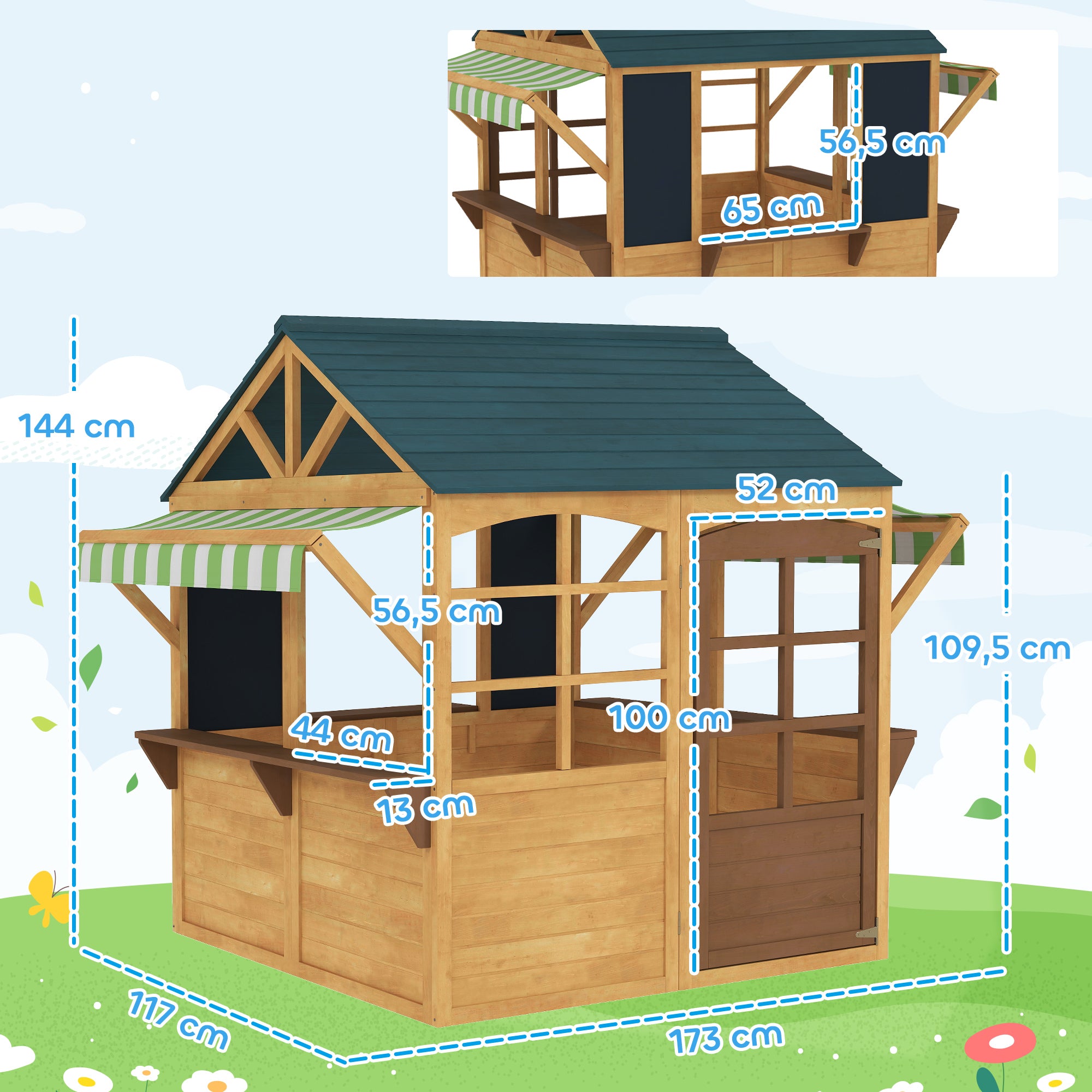 Casinha Infantil de Madeira Dobrável 173x117x144 cm - Cor Madeira, Verde e Branco