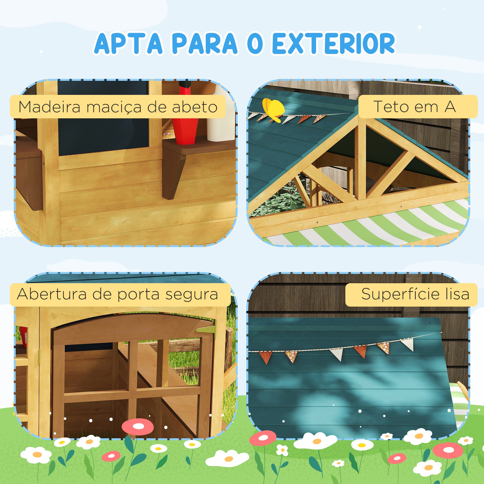 Casinha Infantil de Madeira Dobrável 173x117x144 cm - Cor Madeira, Verde e Branco