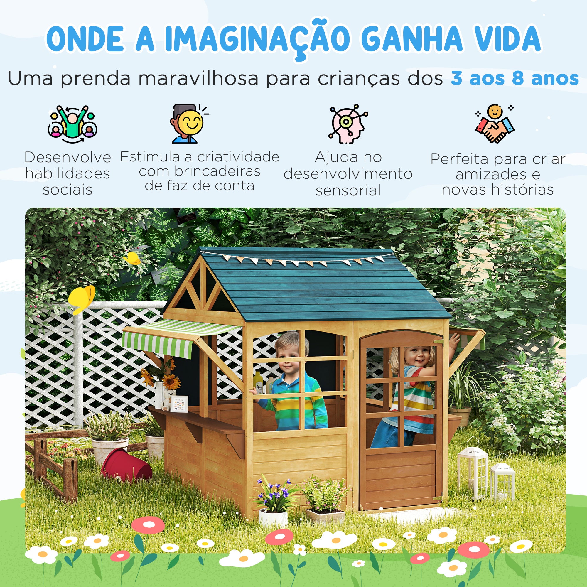 Casinha Infantil de Madeira Dobrável 173x117x144 cm - Cor Madeira, Verde e Branco