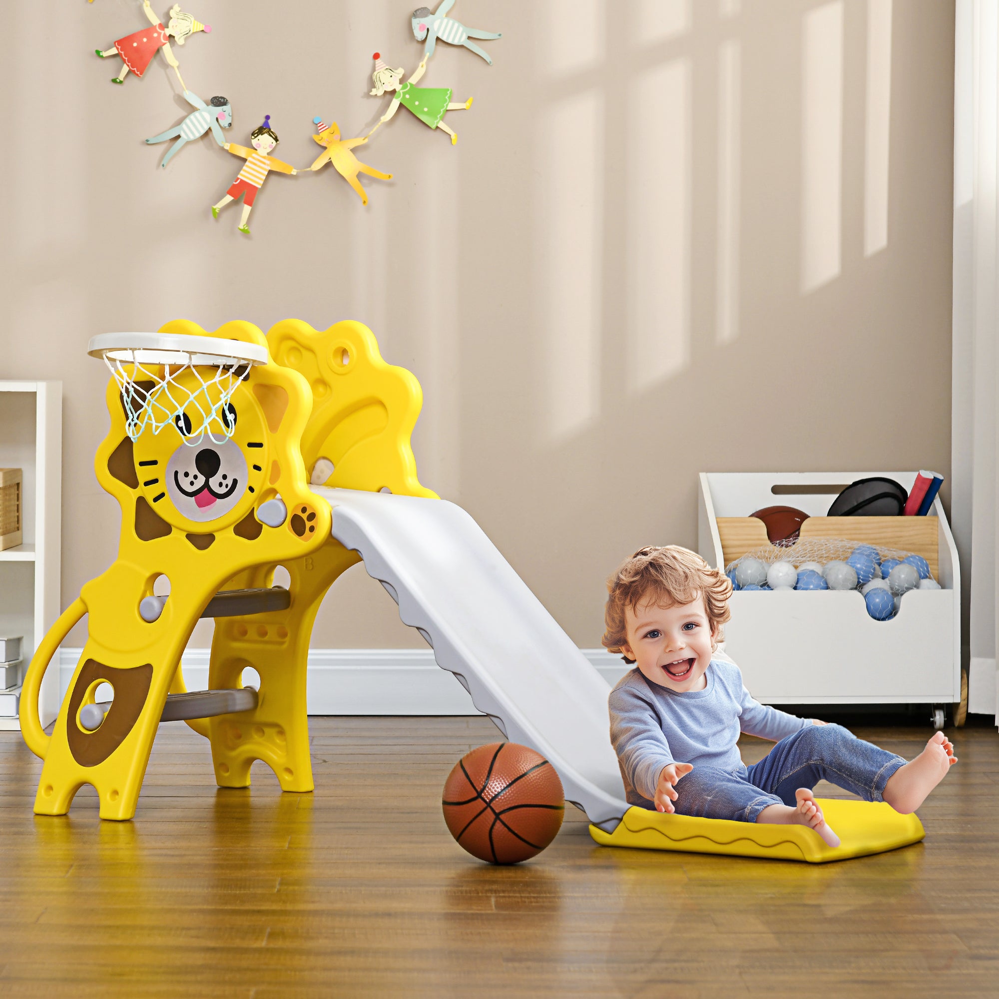 Escorrega para Crianças 2 em 1 com Cesta de Basquetebol - 131x50x74 cm - Amarelo