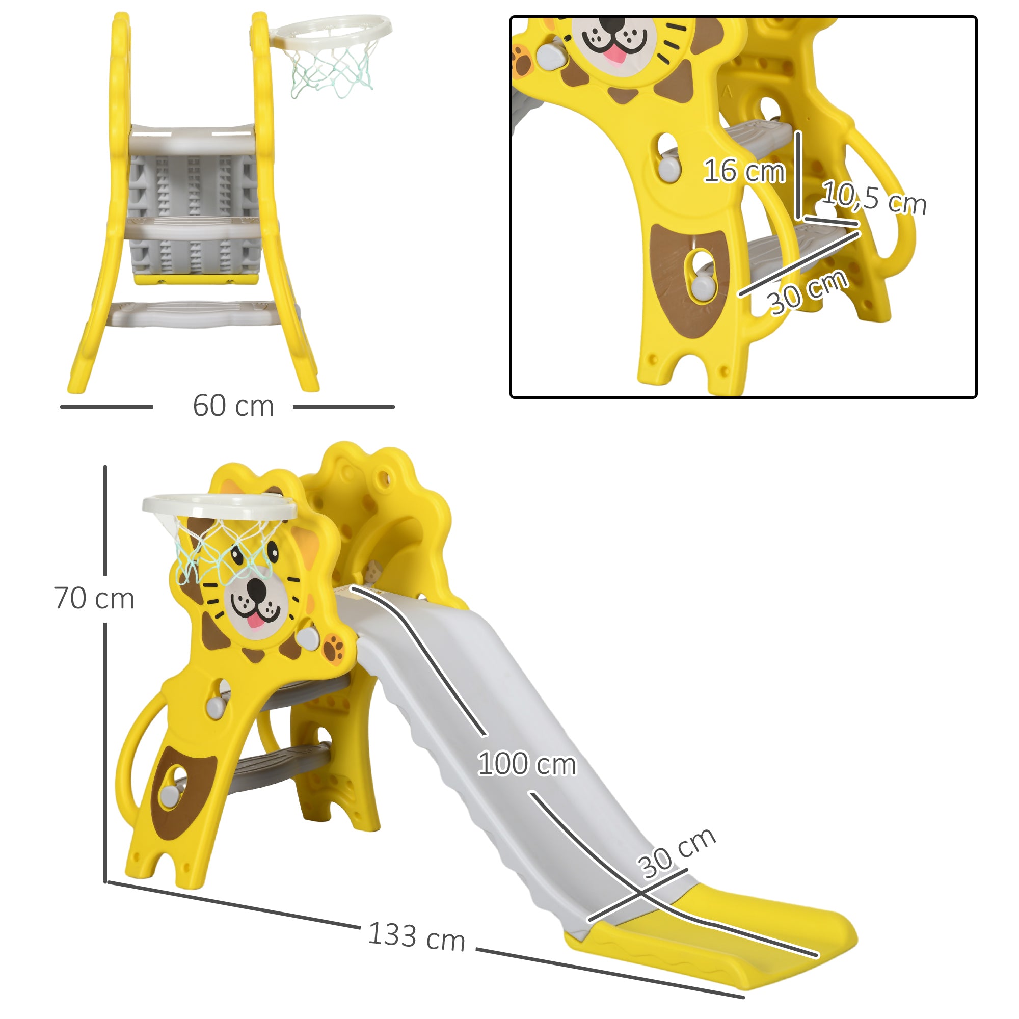 Escorrega para Crianças 2 em 1 com Cesta de Basquetebol - 131x50x74 cm - Amarelo