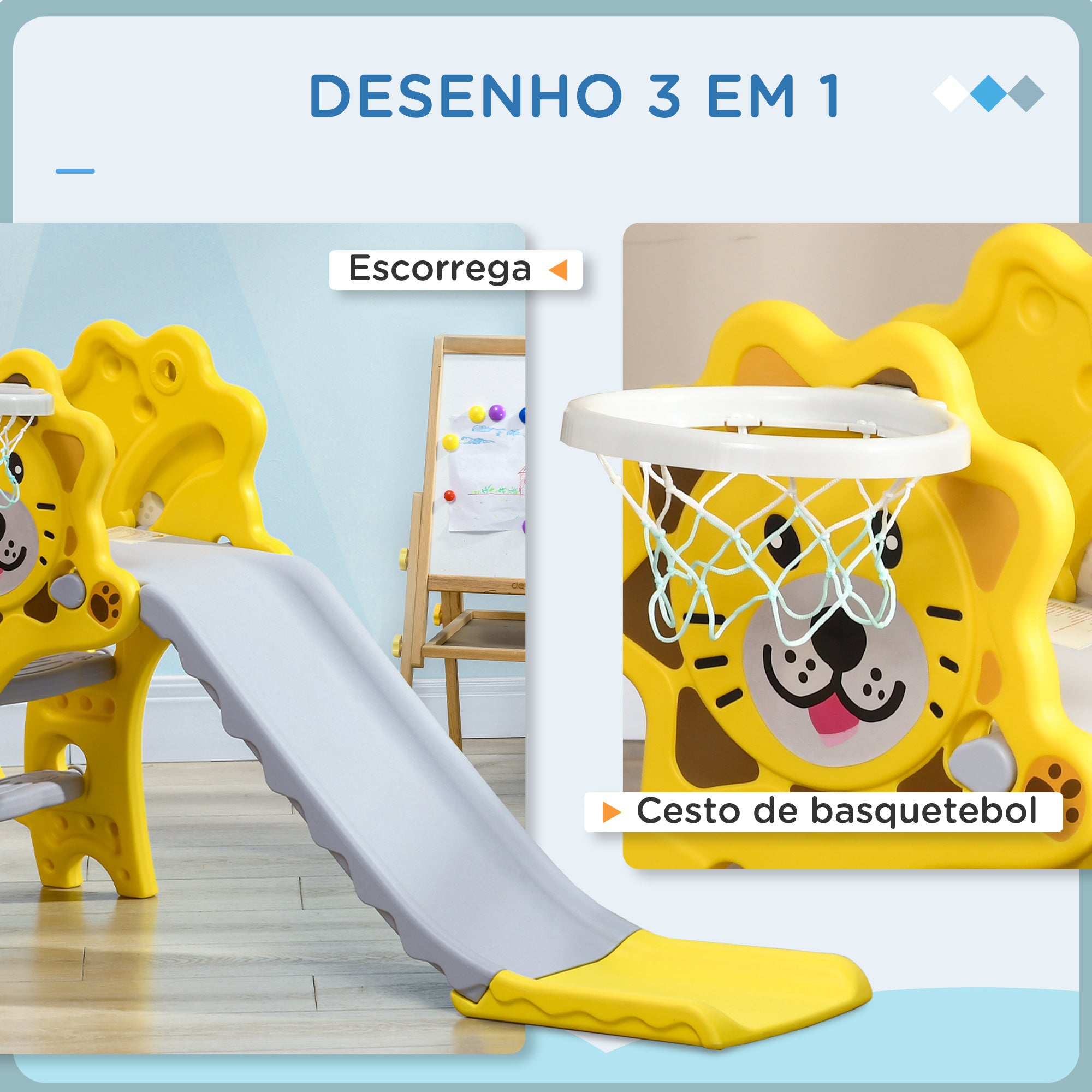 Escorrega para Crianças 2 em 1 com Cesta de Basquetebol - 131x50x74 cm - Amarelo