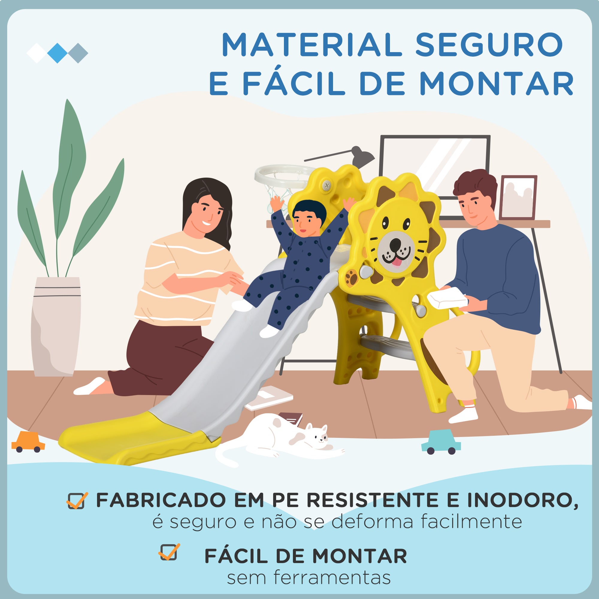 Escorrega para Crianças 2 em 1 com Cesta de Basquetebol - 131x50x74 cm - Amarelo