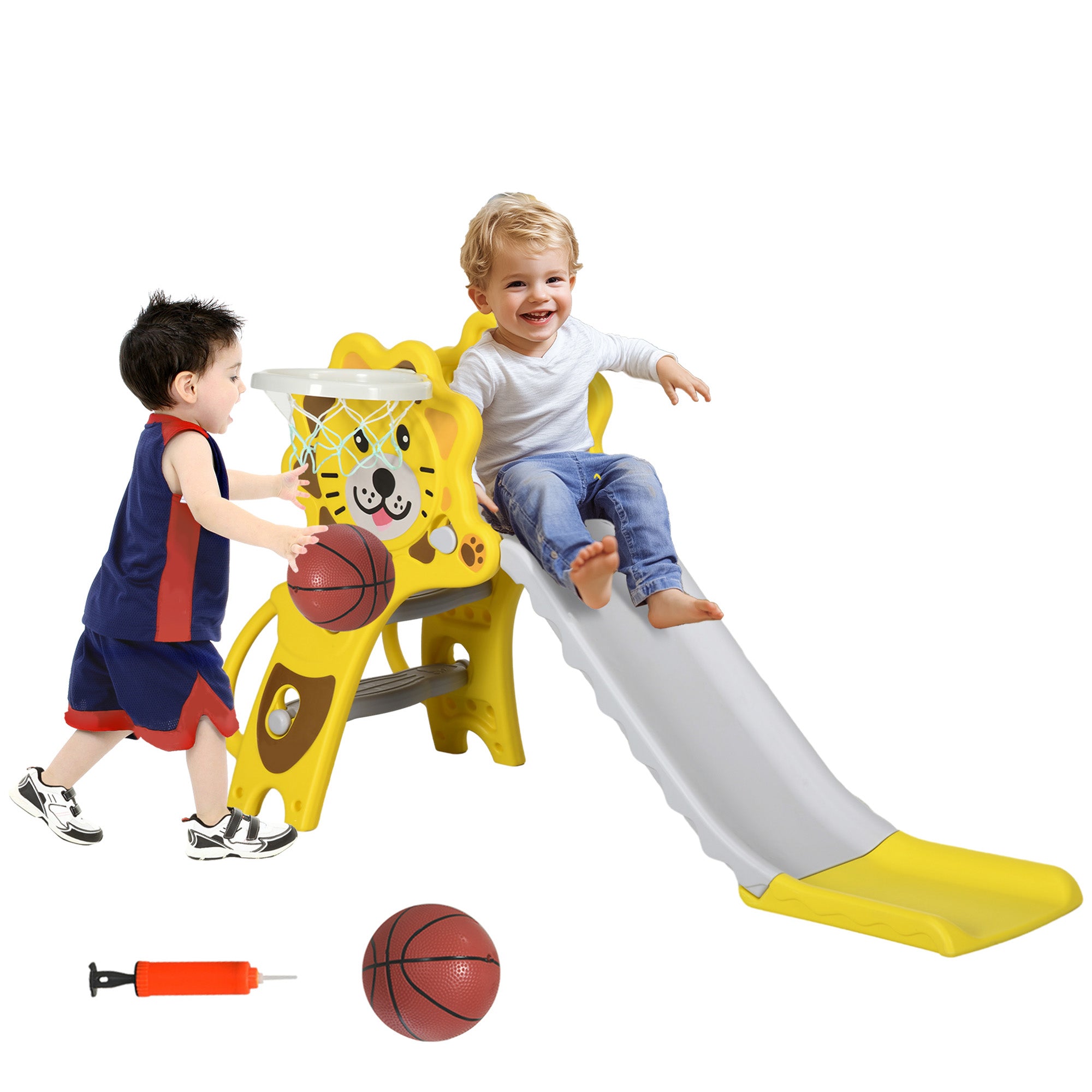Escorrega para Crianças 2 em 1 com Cesta de Basquetebol - 131x50x74 cm - Amarelo