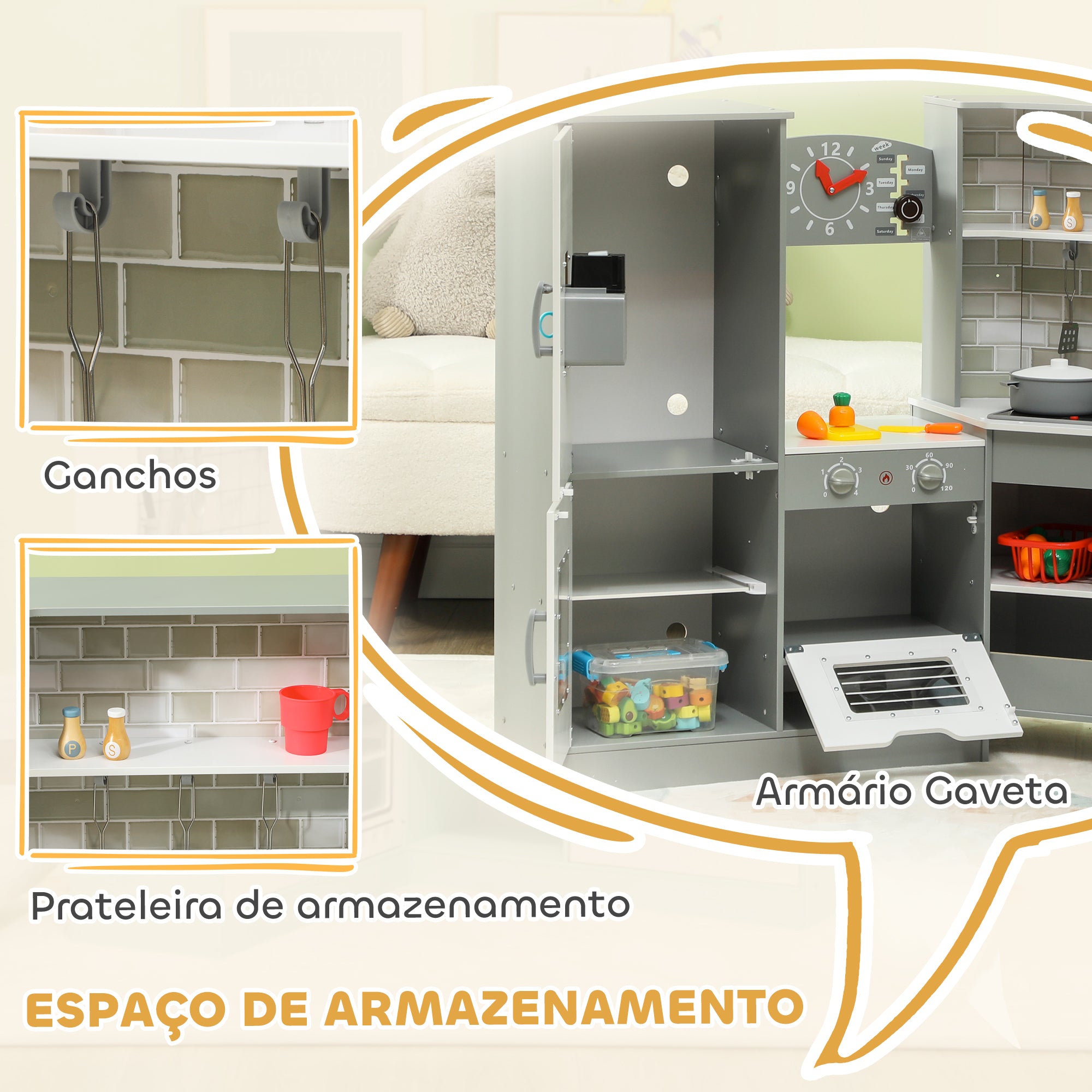 Cozinha de Madeira para Crianças 110x80x91 cm Cinza e Branco