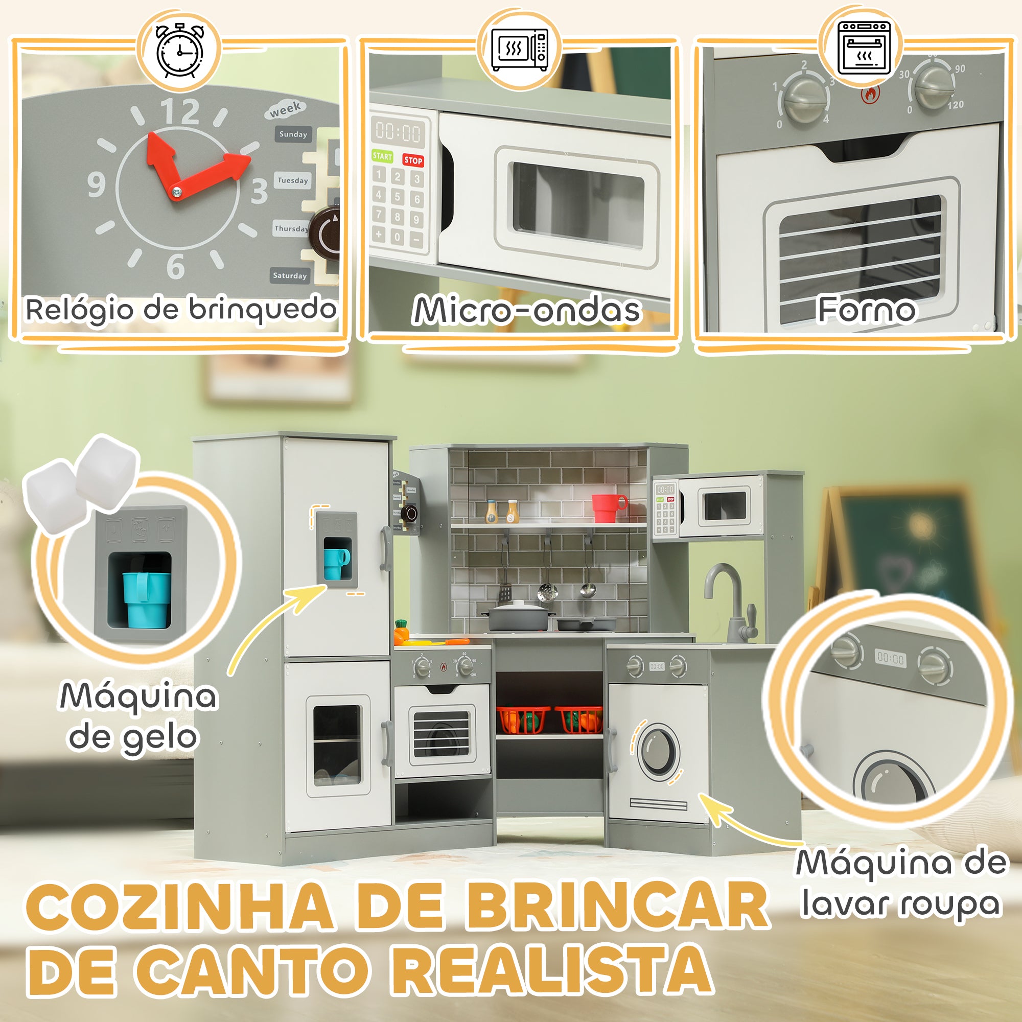 Cozinha de Madeira para Crianças 110x80x91 cm Cinza e Branco
