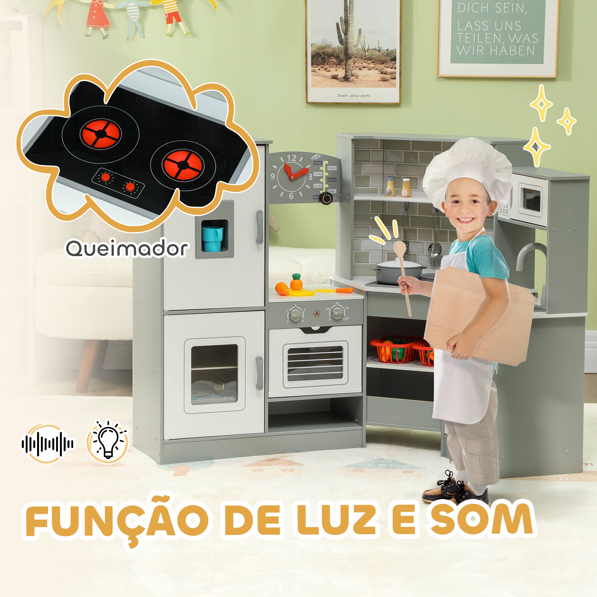 Cozinha de Madeira para Crianças 110x80x91 cm Cinza e Branco