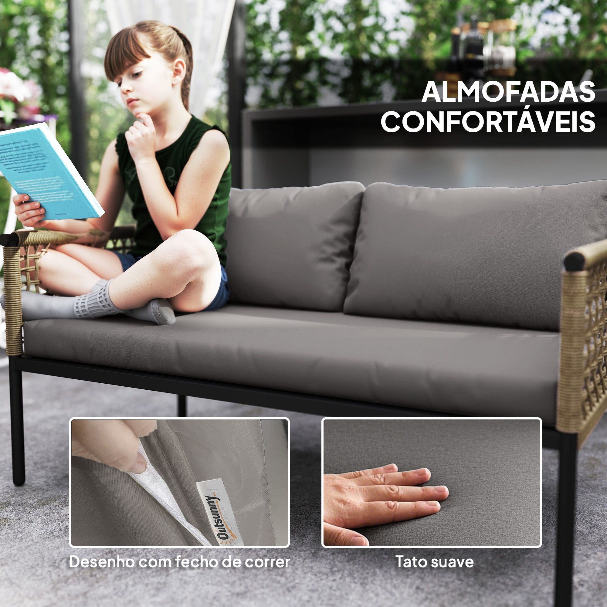 Conjunto de Jardim de Vime Sintético Cinzento 4 Peças - Medidas 126x66x70 cm