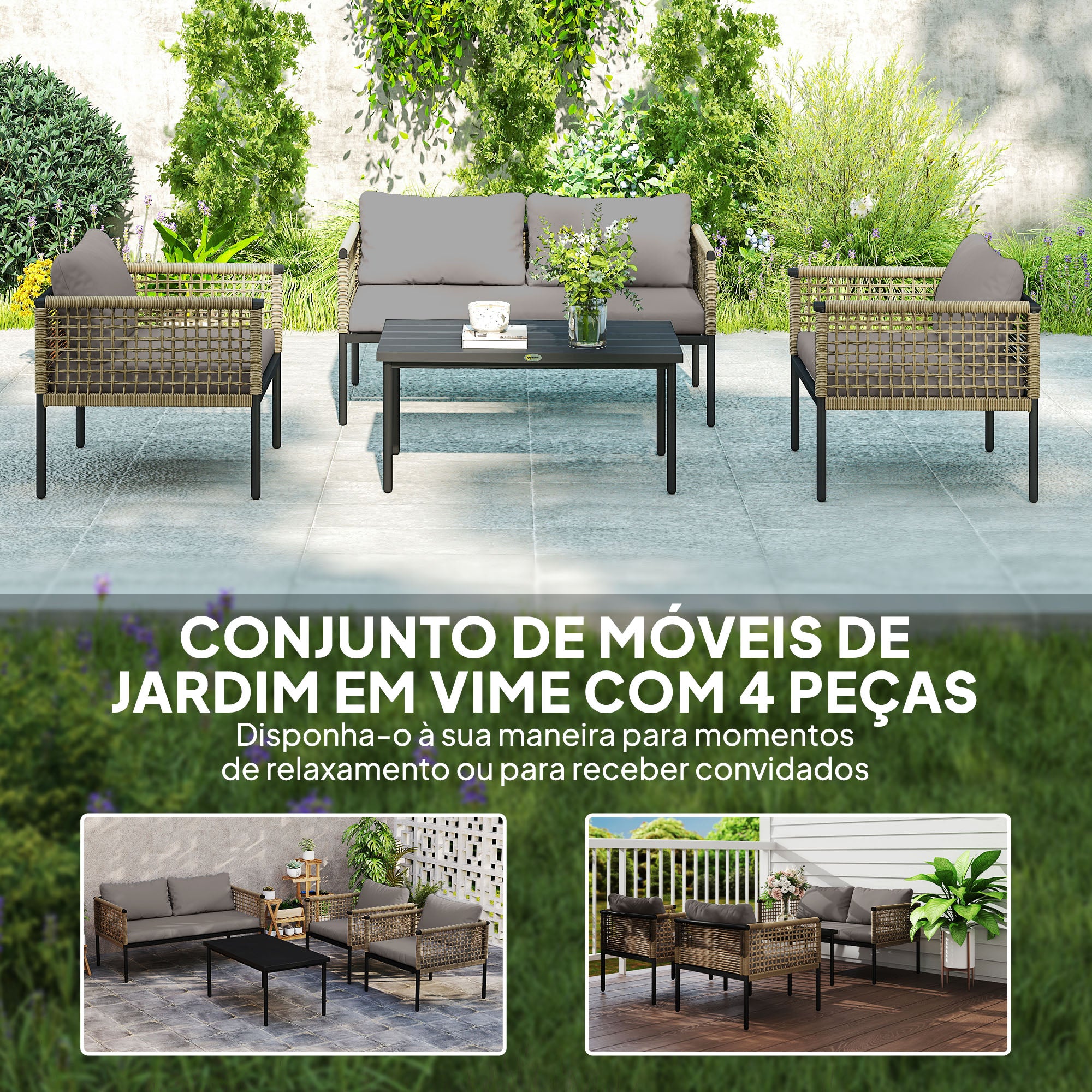 Conjunto de Jardim de Vime Sintético Cinzento 4 Peças - Medidas 126x66x70 cm