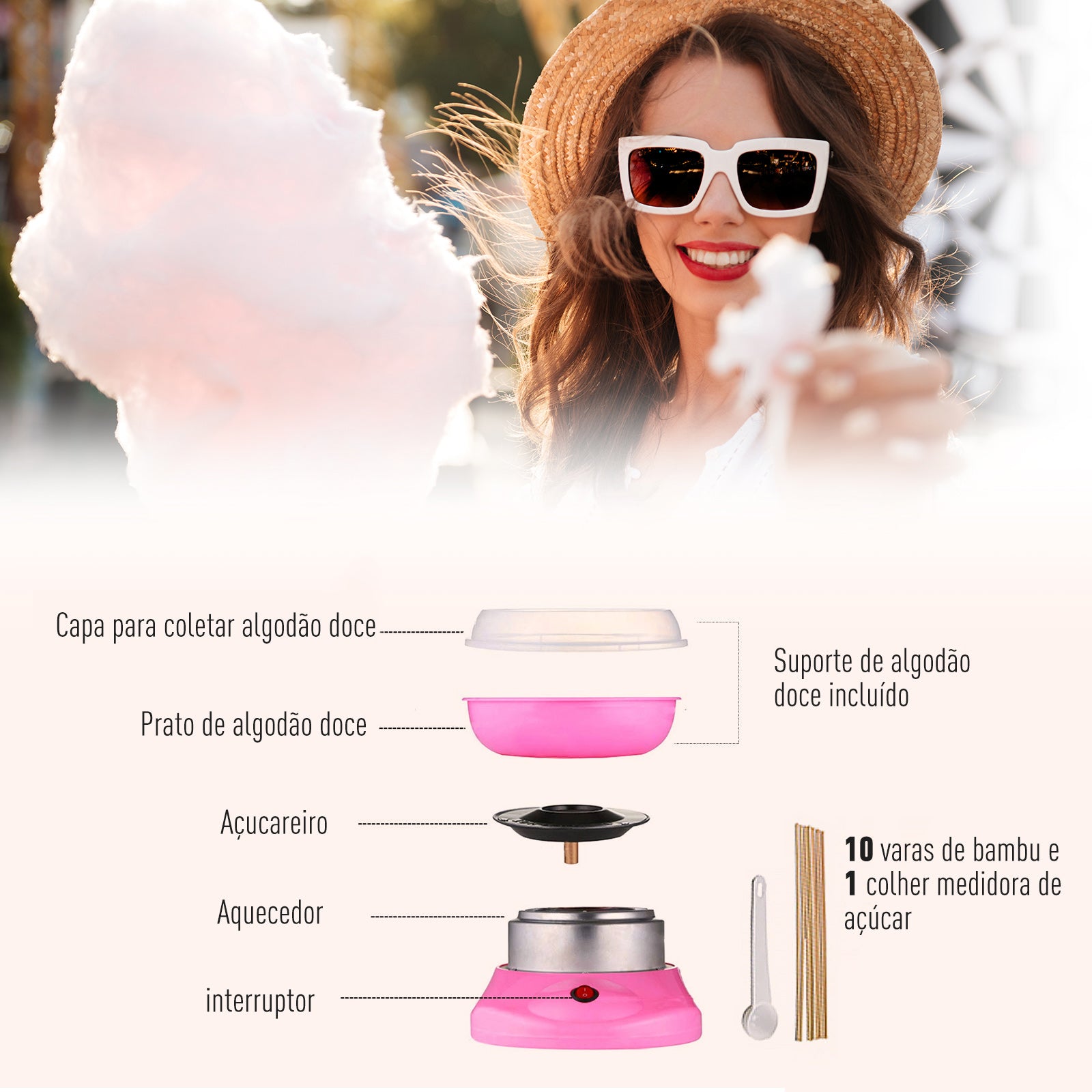 Máquina de Algodão Doce Rosa 27x26x18 cm