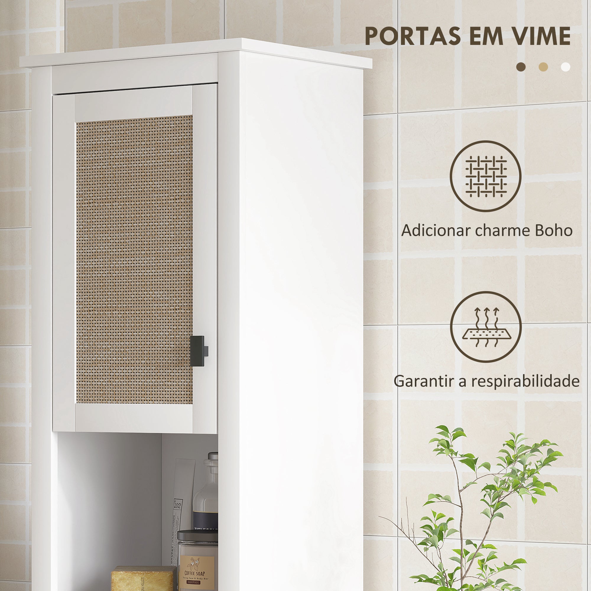 Armário Alto Casa de Banho Prateleira Ajustável Vime Branco 40x30x167,5 cm