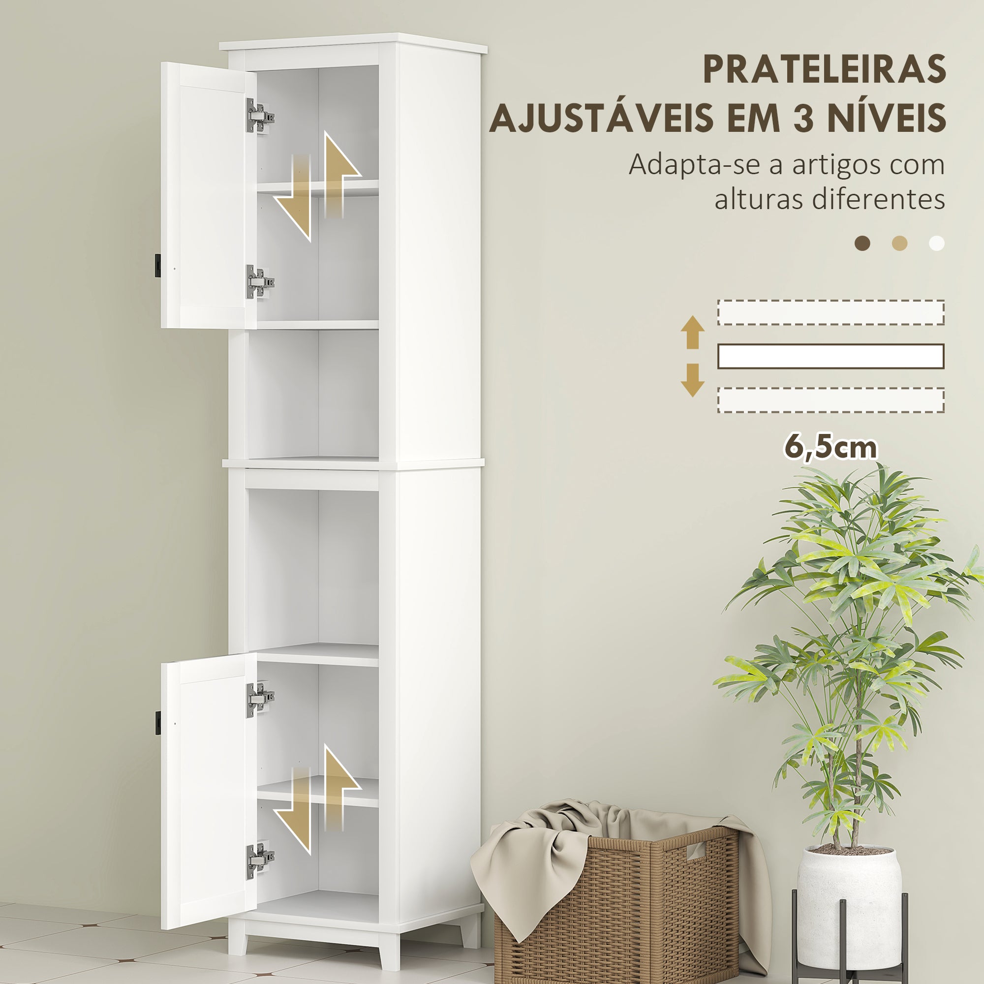 Armário Alto Casa de Banho Prateleira Ajustável Vime Branco 40x30x167,5 cm