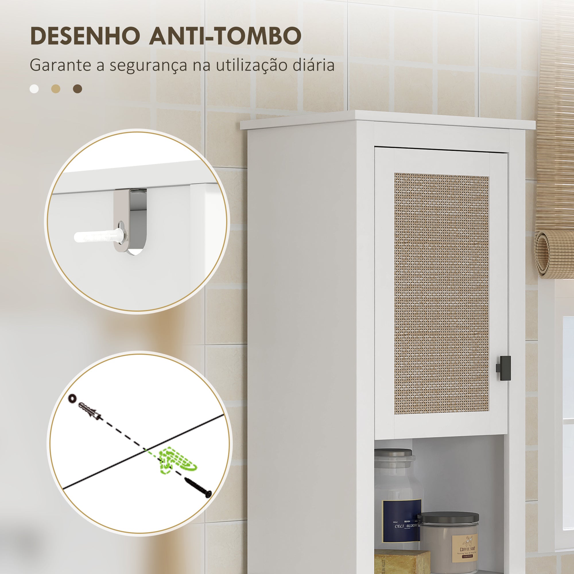 Armário Alto Casa de Banho Prateleira Ajustável Vime Branco 40x30x167,5 cm