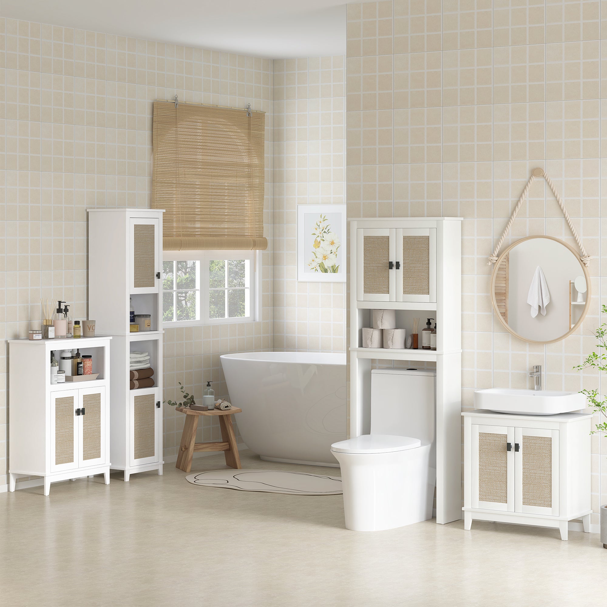 Armário Alto Casa de Banho Prateleira Ajustável Vime Branco 40x30x167,5 cm
