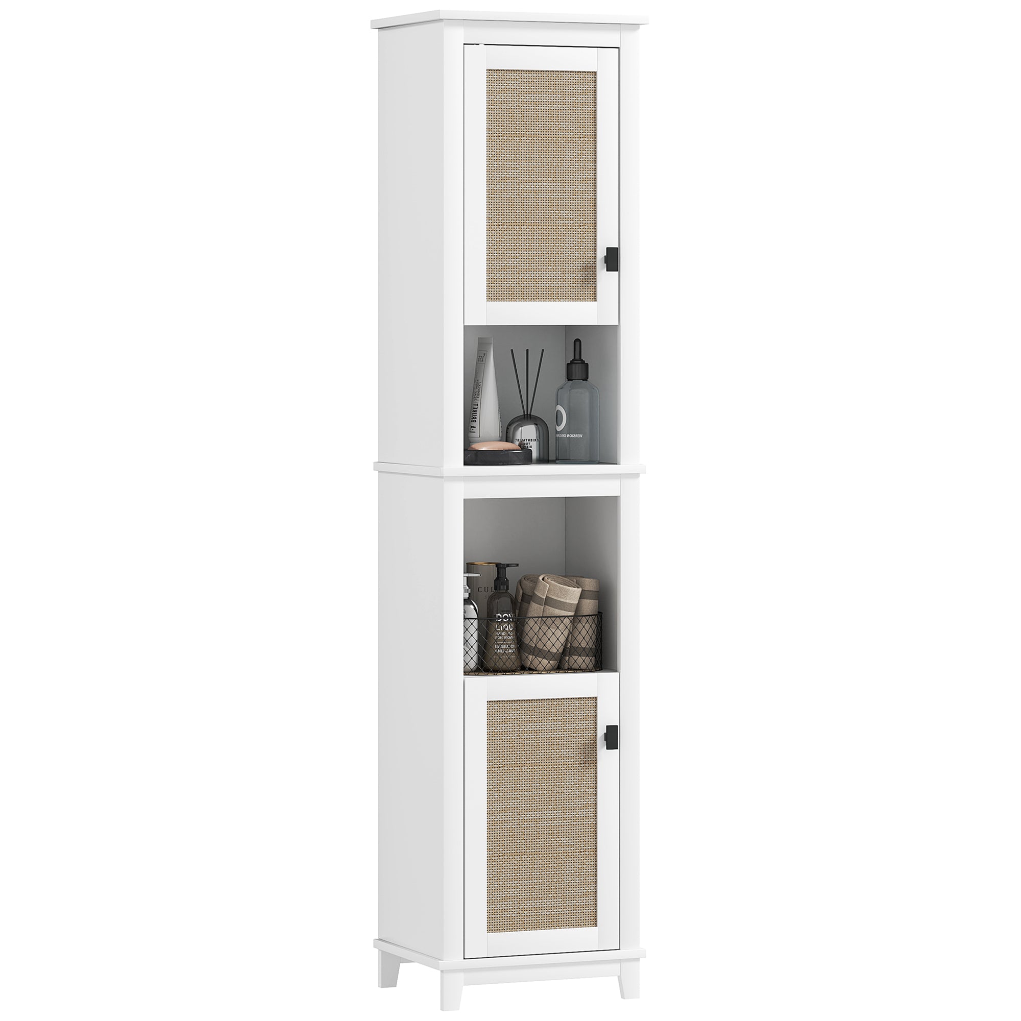 Armário Alto Casa de Banho Prateleira Ajustável Vime Branco 40x30x167,5 cm