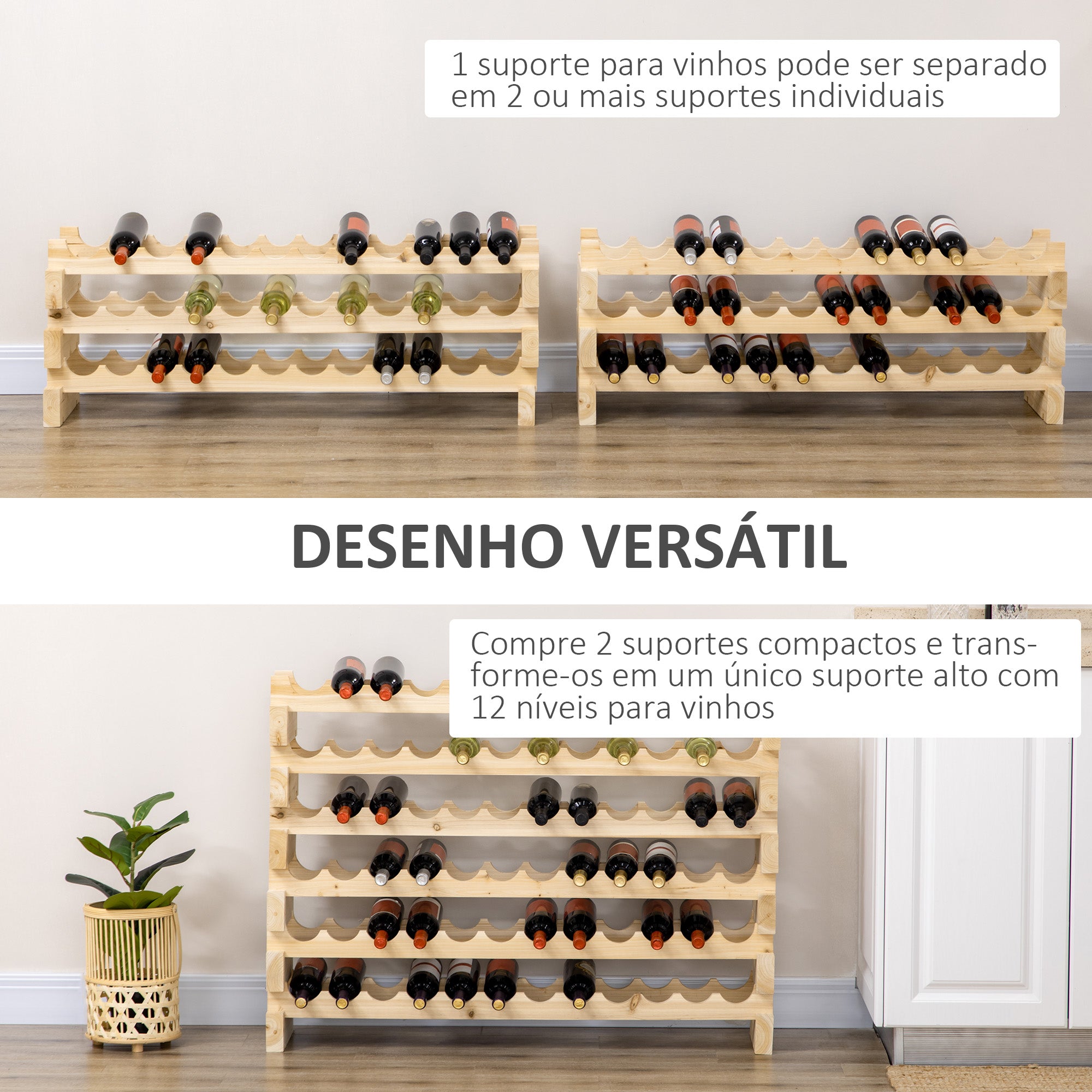 Suporte para Garrafas de Vinho 114x28x80 cm Cor de Madeira Natural