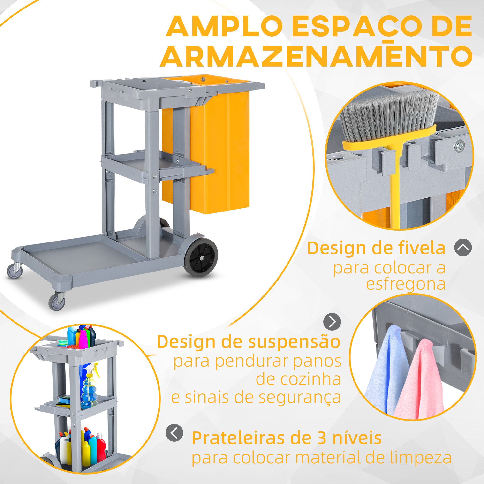 Carro de Limpeza Profissional 121x50,5x96,5 cm Amarelo e Cinza