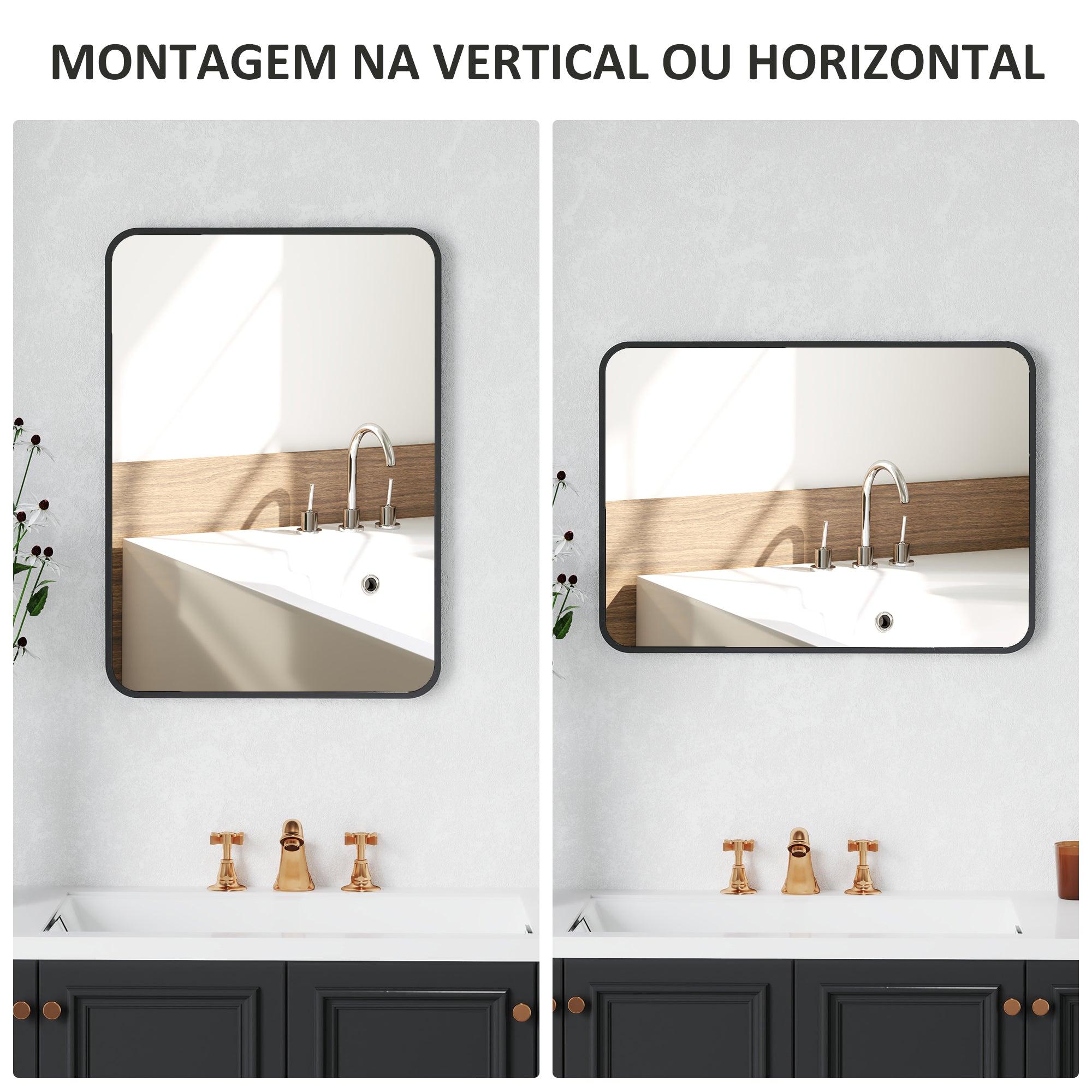 Espelho Retangular – 50x70 cm – Preto – Vidro e metal