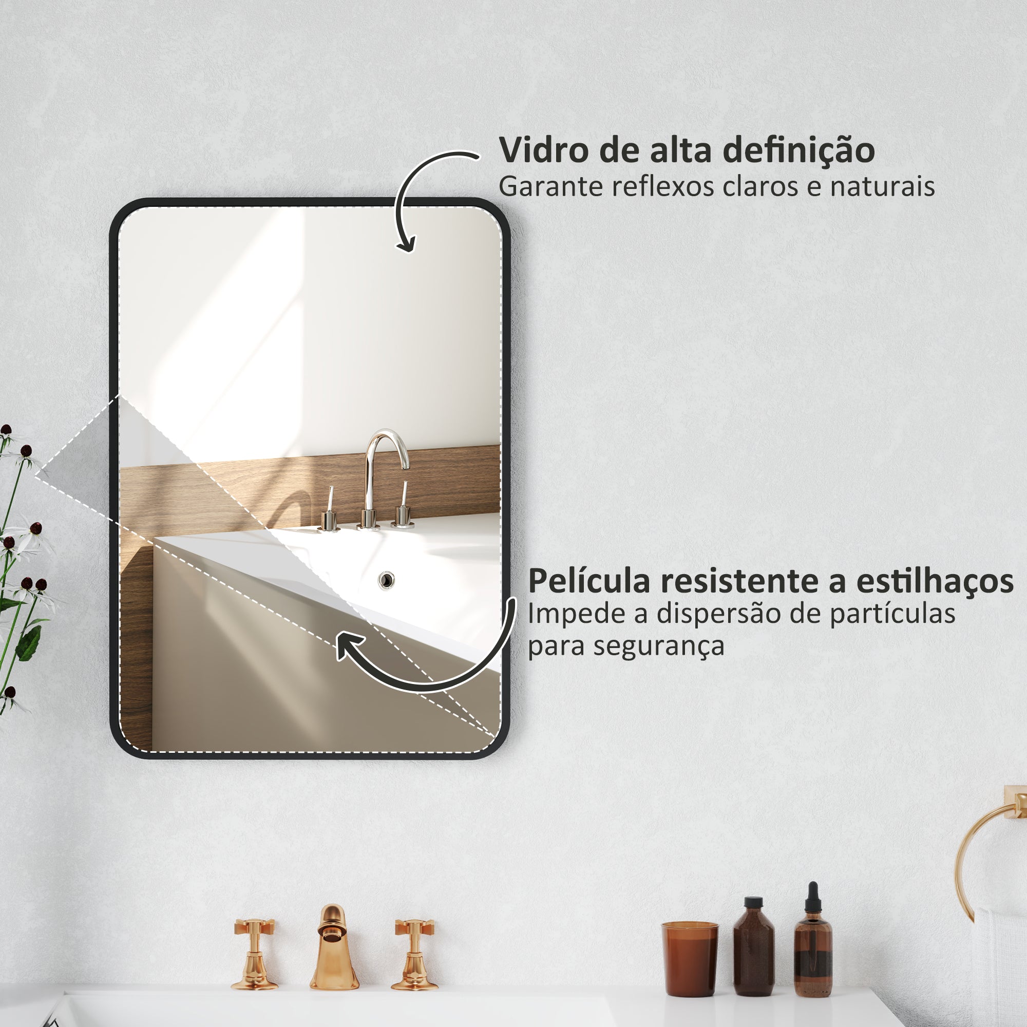 Espelho Retangular – 50x70 cm – Preto – Vidro e metal