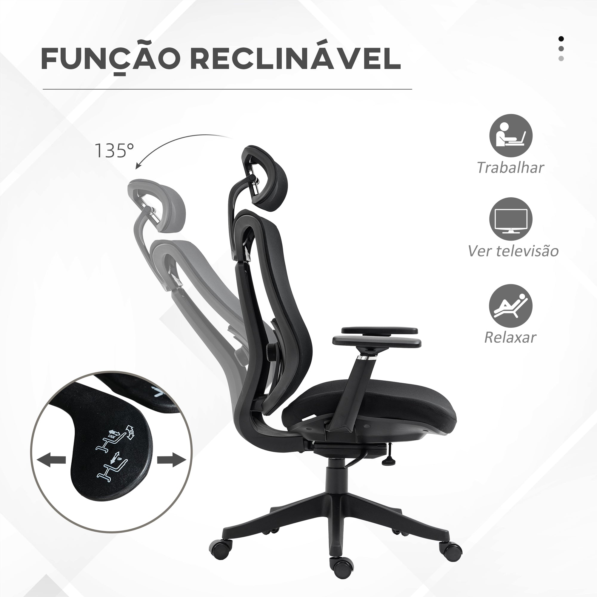 Cadeira de Escritório Reclinável Preto 70x66x120-128 cm