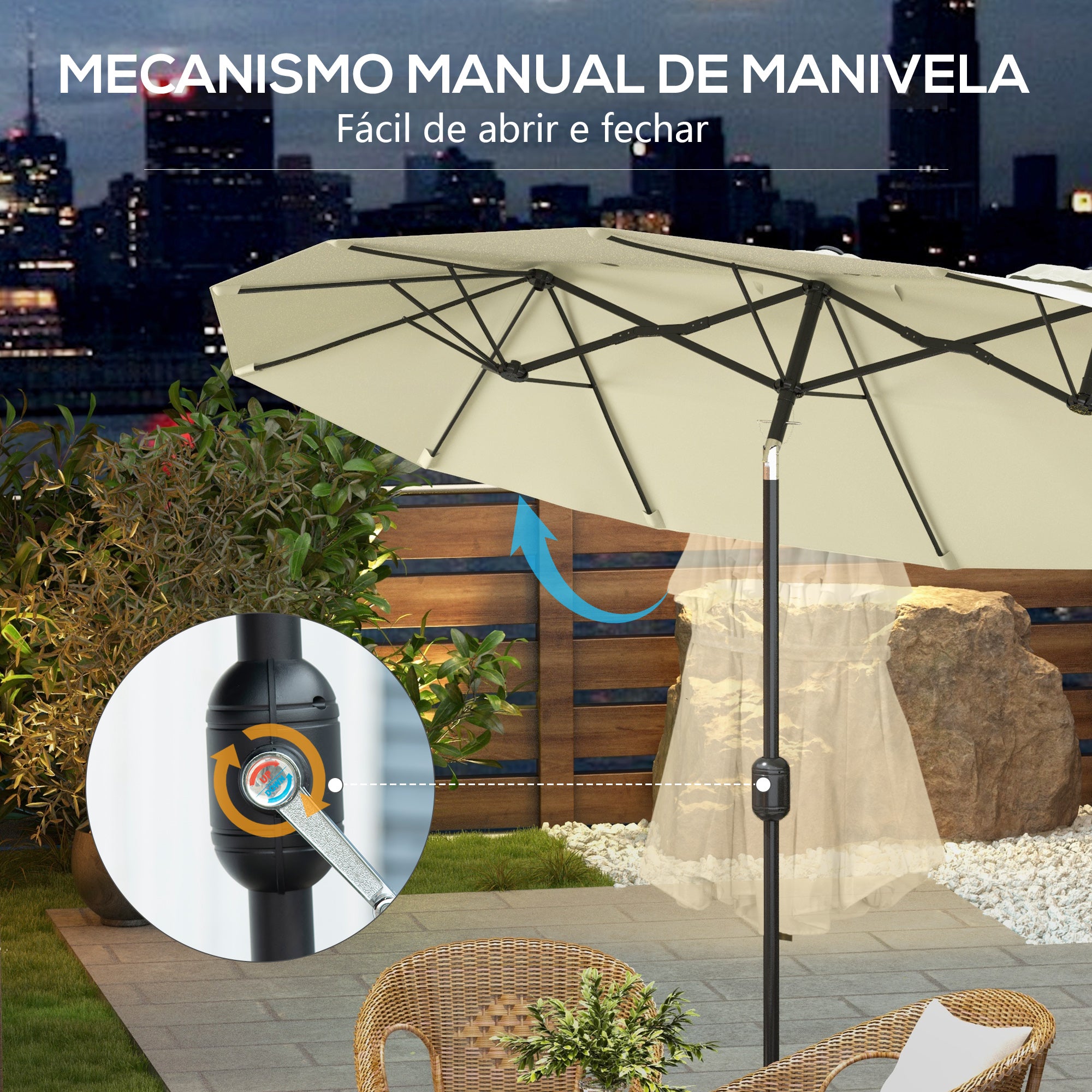 Chapéu de Sol Duplo – 285x147x227cm – Bege – Poliéster e Aço