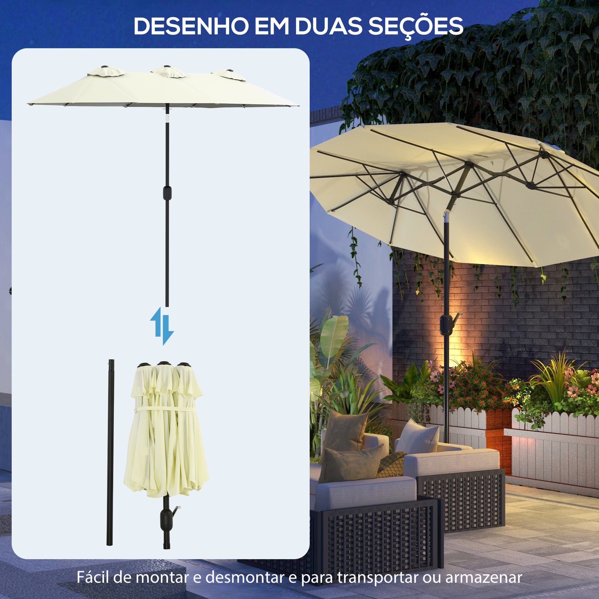 Chapéu de Sol Duplo – 285x147x227cm – Bege – Poliéster e Aço