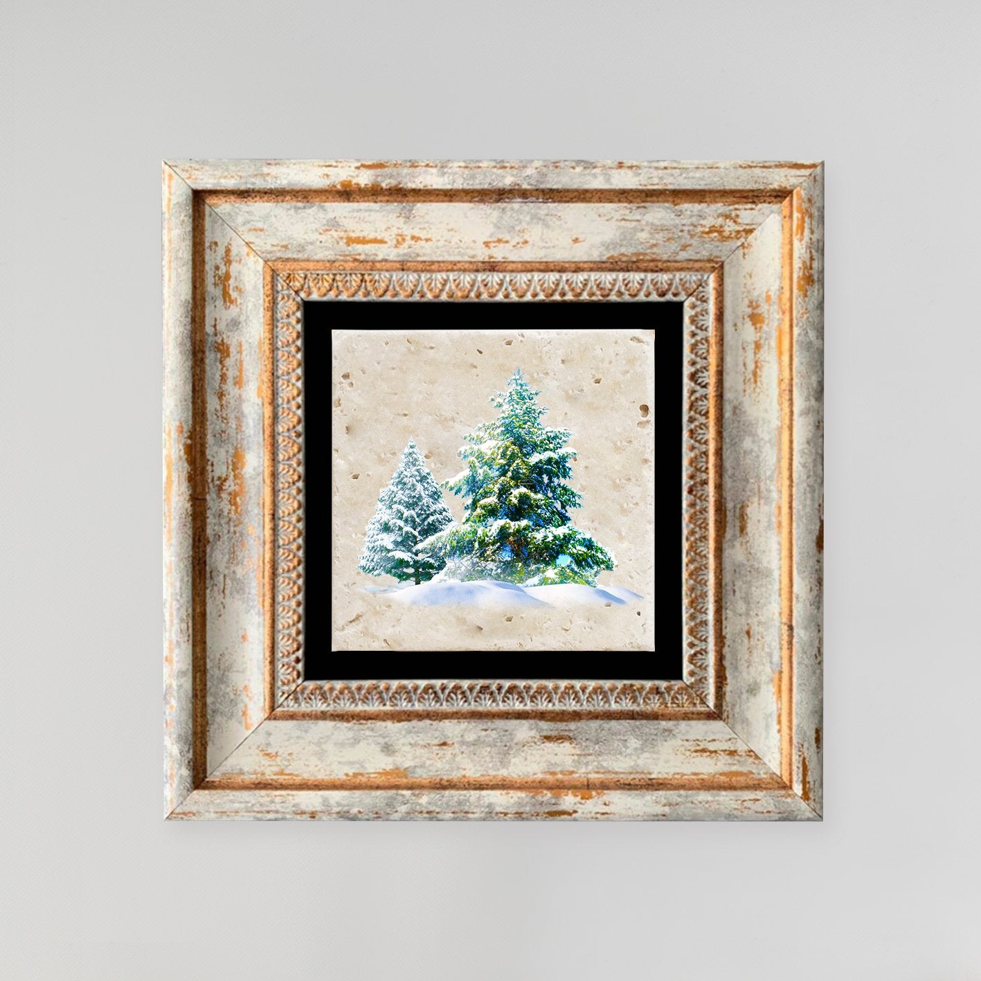 Quadro Decorativo em Pedra Natural com Moldura de Madeira - Impressão UV Multicolor 20x20cm