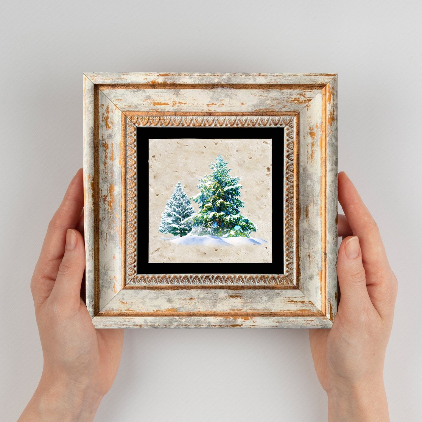 Quadro Decorativo em Pedra Natural com Moldura de Madeira - Impressão UV Multicolor 20x20cm