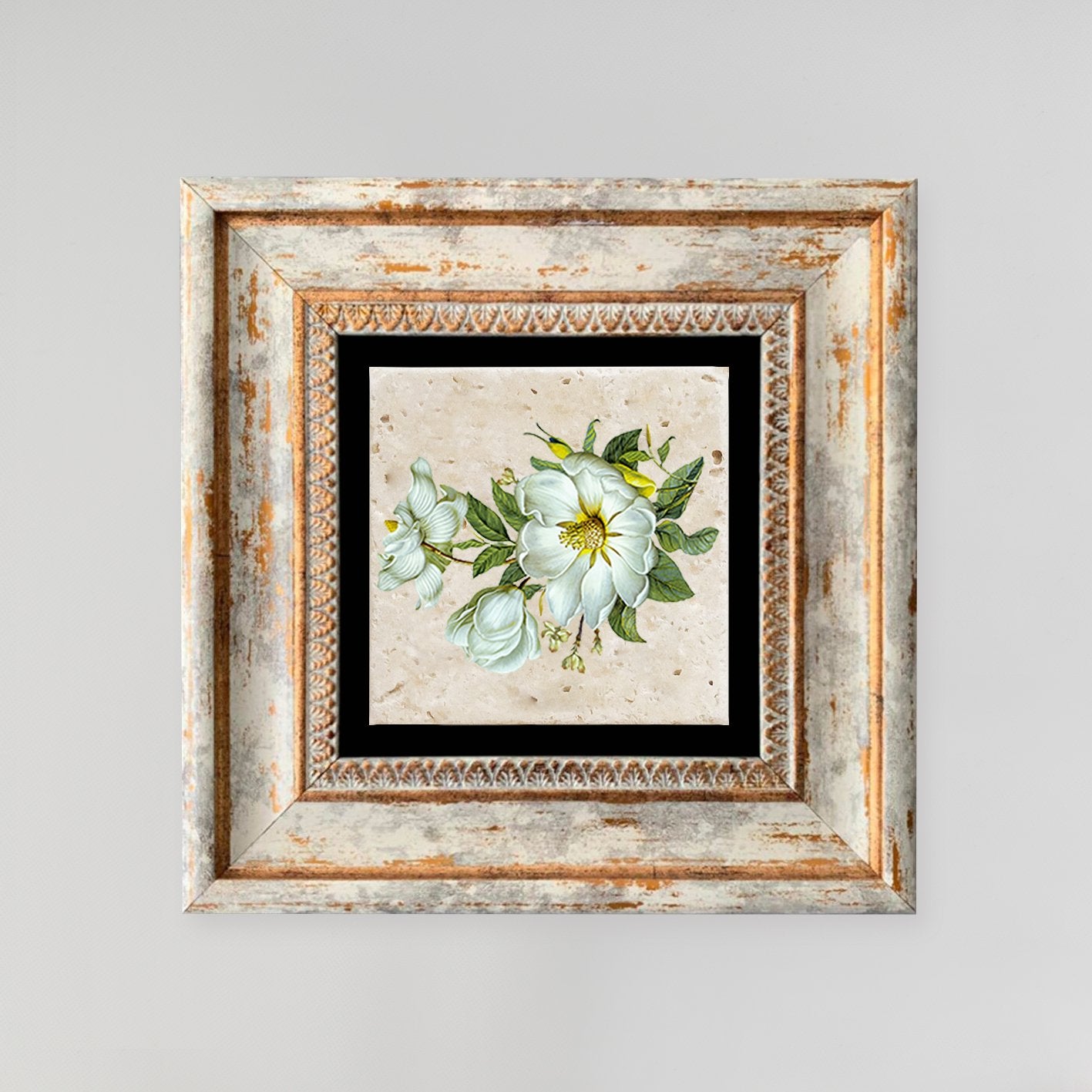 Quadro Decorativo em Pedra Natural com Moldura de Madeira - Impressão UV Multicolor 20x20cm