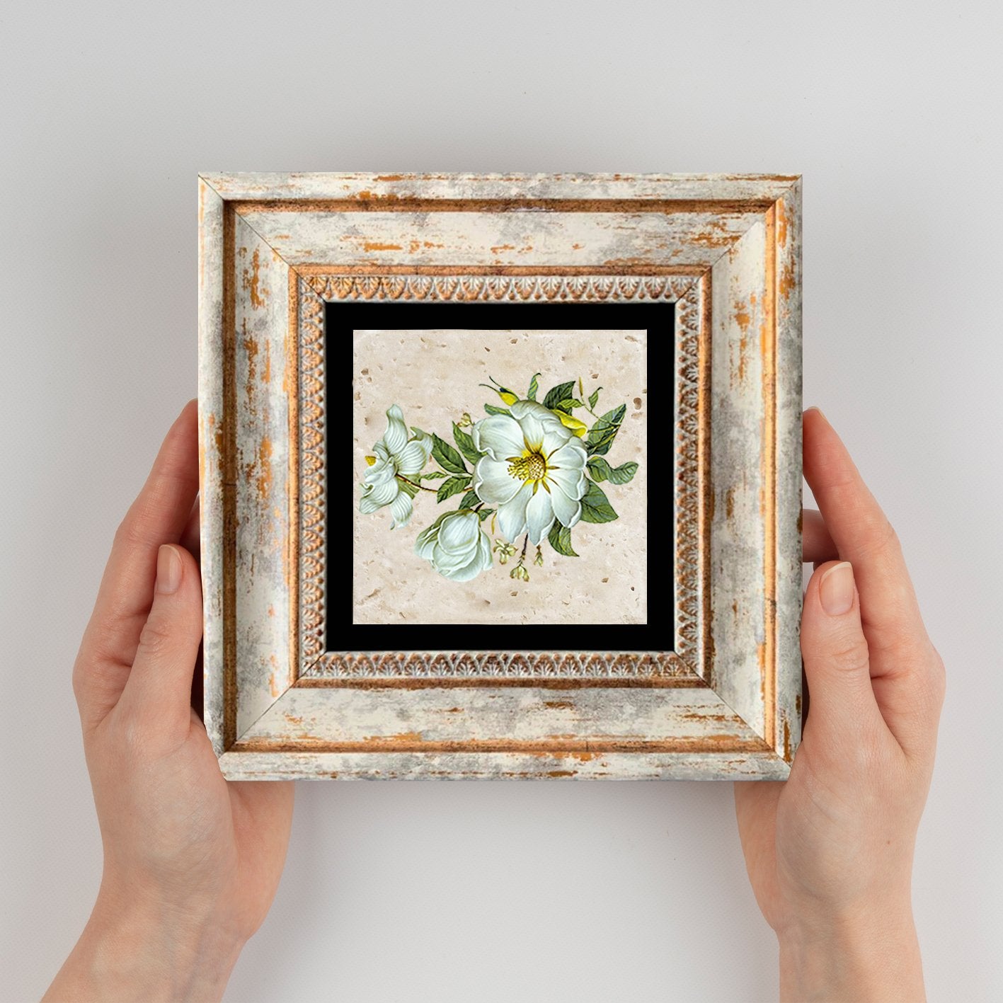 Quadro Decorativo em Pedra Natural com Moldura de Madeira - Impressão UV Multicolor 20x20cm