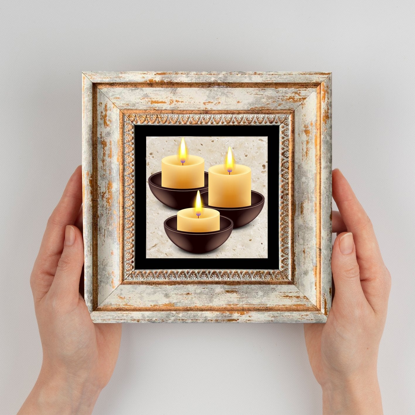 Quadro Decorativo em Pedra Natural com Moldura de Madeira - Impressão UV Multicolor 20x20cm