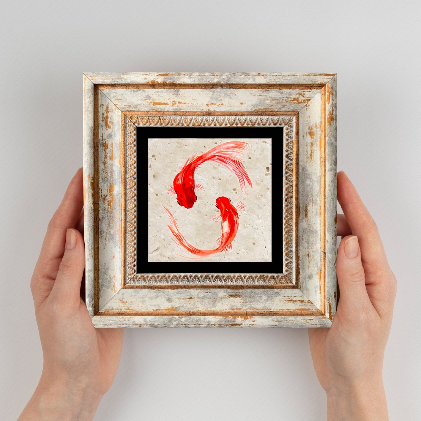 Quadro Decorativo em Pedra Natural com Moldura de Madeira - Impressão UV Multicolor 20x20cm