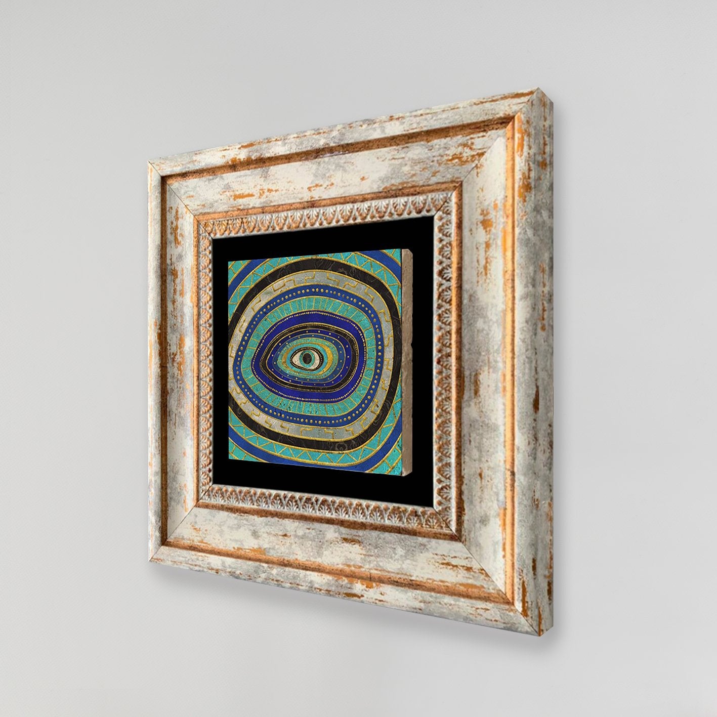 Pintura decorativa emoldurada – 20 x 20 cm – 100% Pedra e 100% Madeira