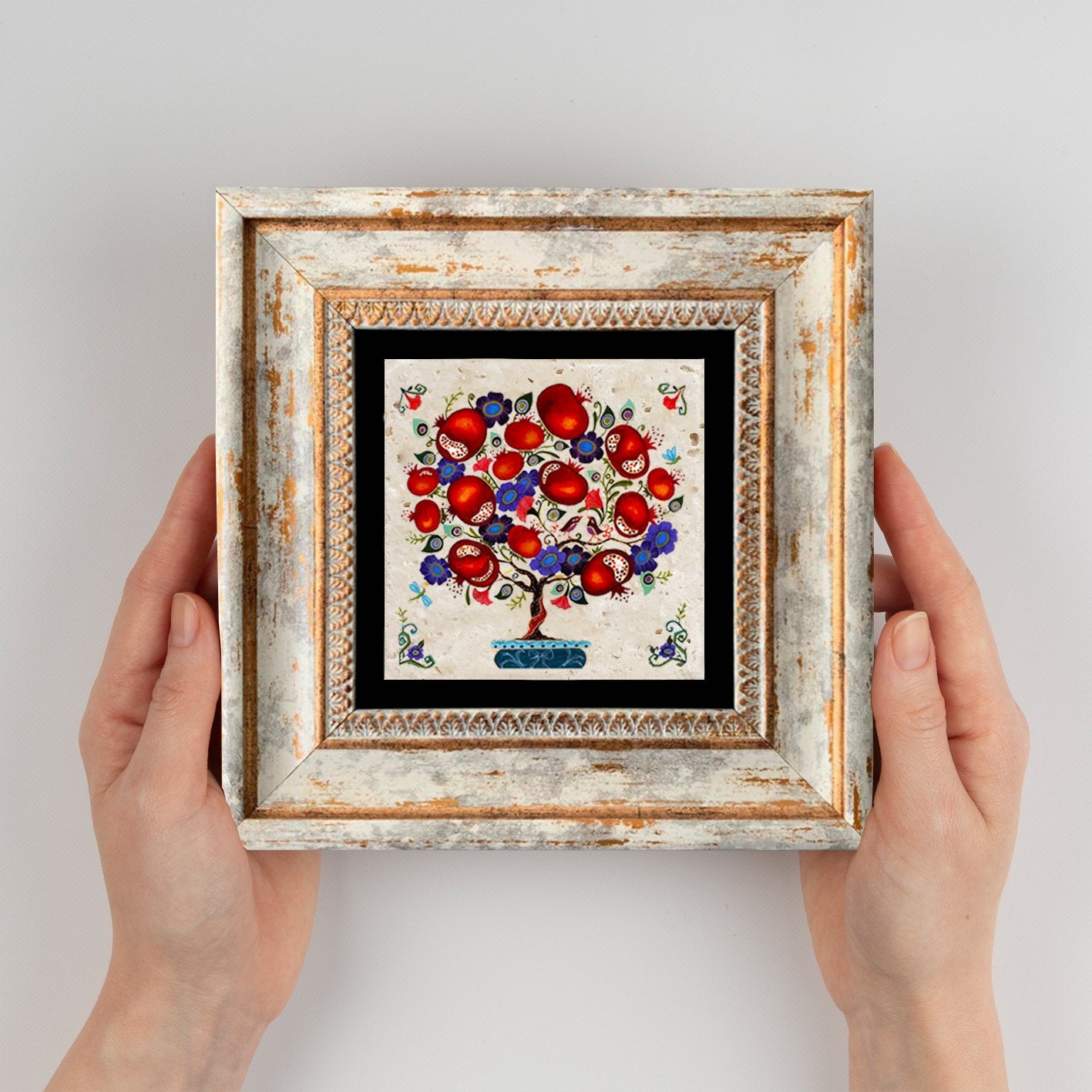 Pintura decorativa emoldurada – 20 x 20 cm – 100% pedra e moldura 100% madeira