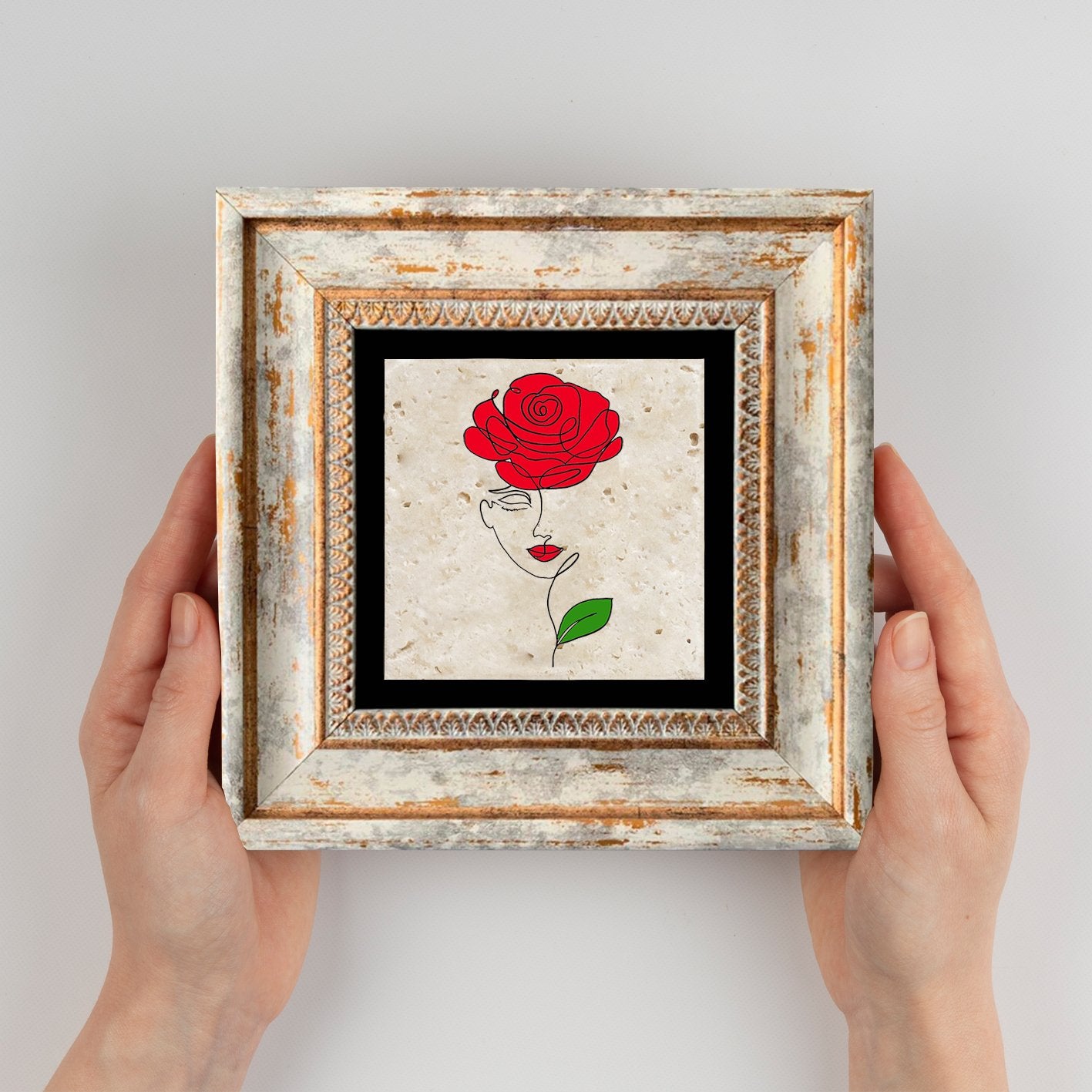 Pintura decorativa emoldurada – 20 x 20 cm – 100% pedra e moldura 100% madeira