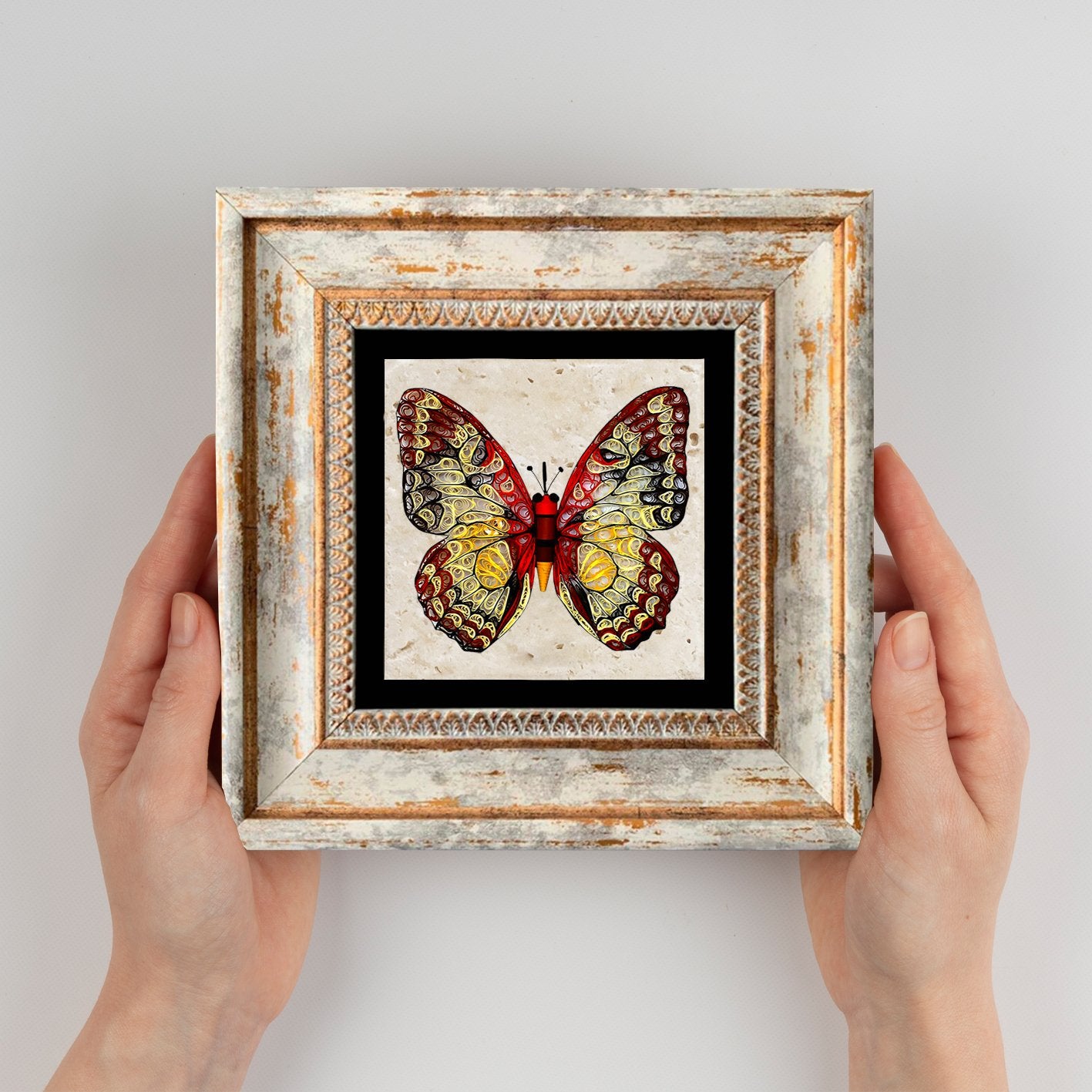 Pintura decorativa emoldurada – 20 x 20 cm – 100% pedra e moldura 100% madeira